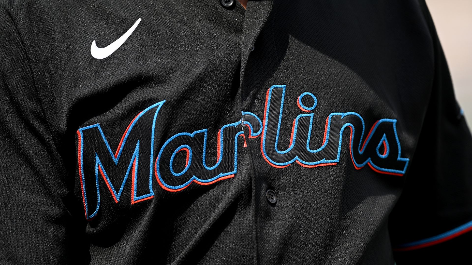 A view of the Miami Marlins logo on their uniform before the game against the Washington Nationals at Nationals Park on July 02, 2022 in Washington, DC. 