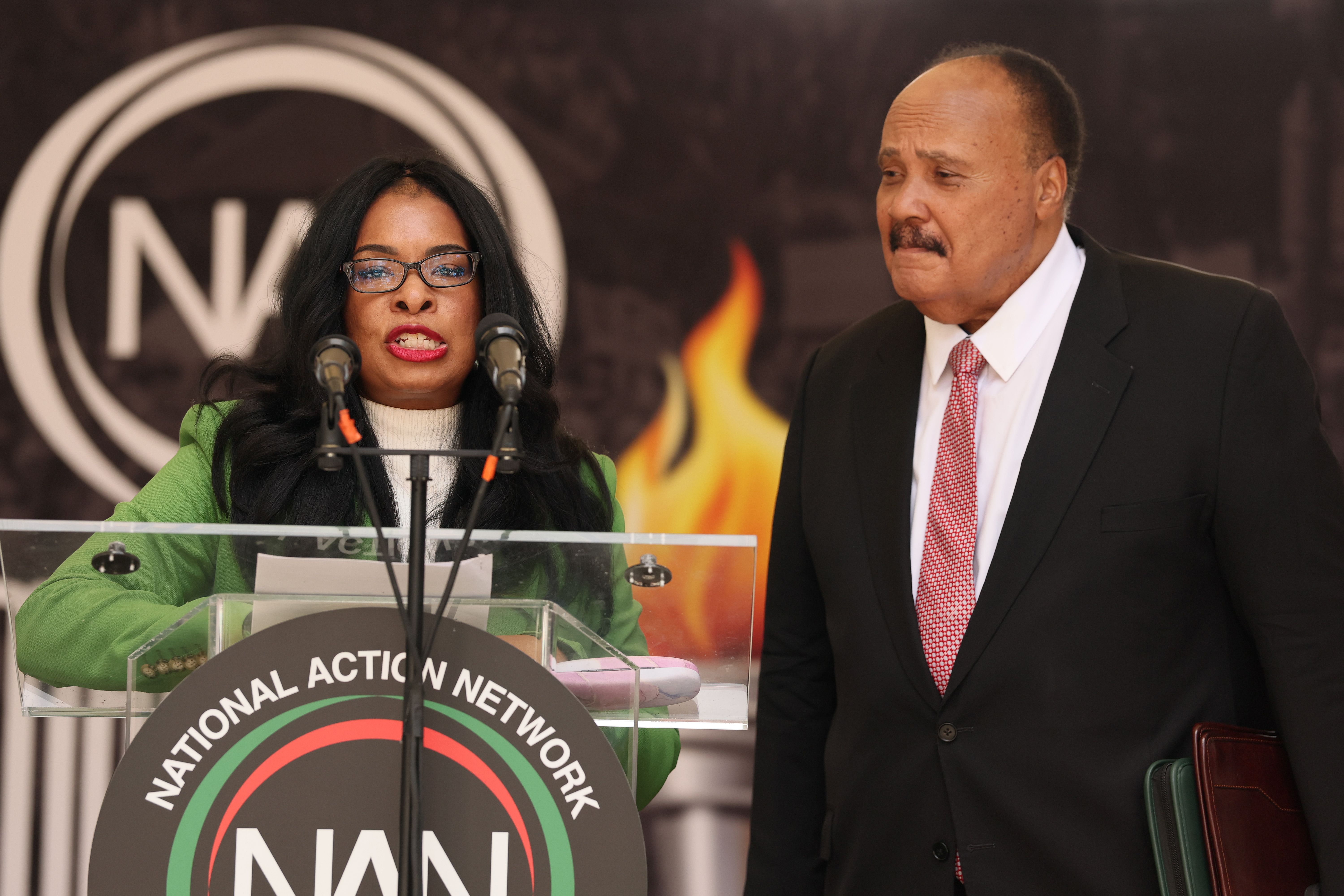 Arndrea Waters King speaks alongside her husband, Martin Luther King III, during the March on Wall Street on Aug. 28, 2025, in New York City. (Michael M. Santiago/Getty Images)