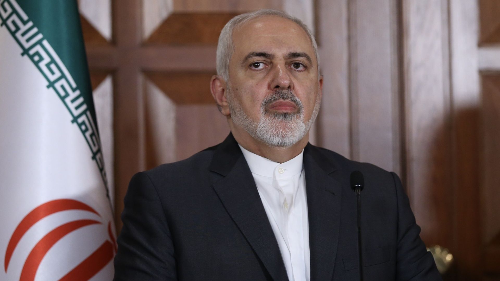 Mohammad Javad Zarif at lectern during press conference