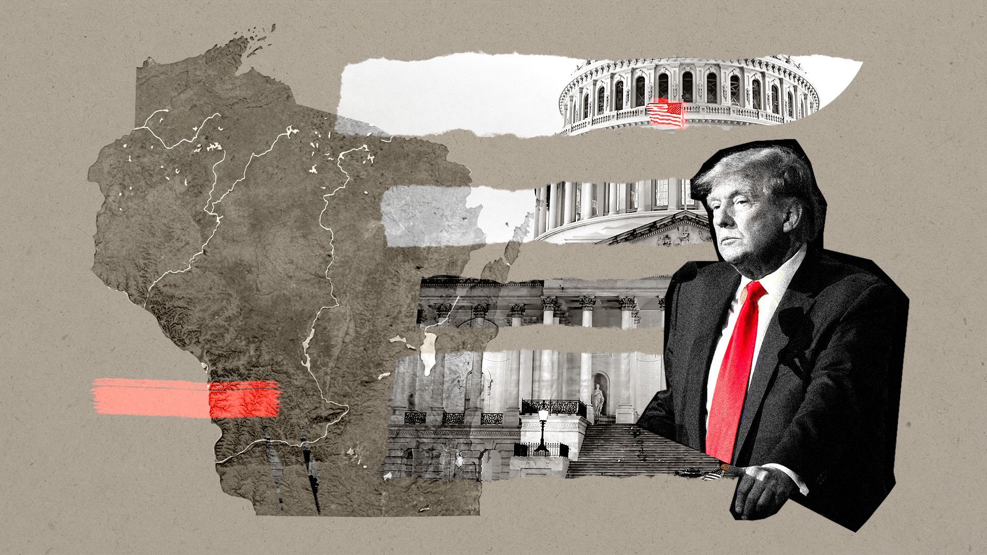 Photo illustration of Donald Trump, the US Capitol and Wisconsin.