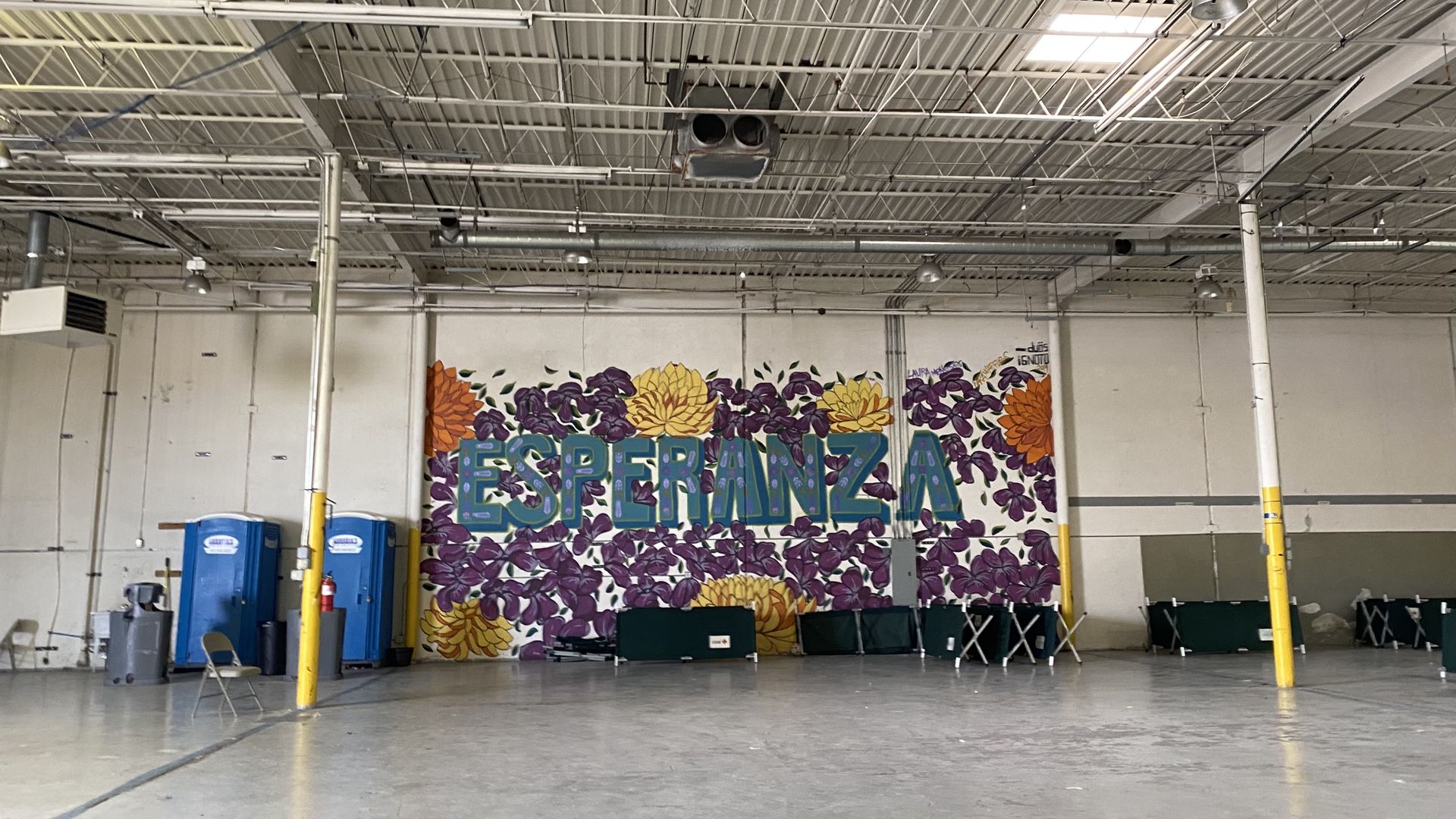 A mural inside a migrant shelter run by Annunciation House in El Paso with the word “Esperanza”