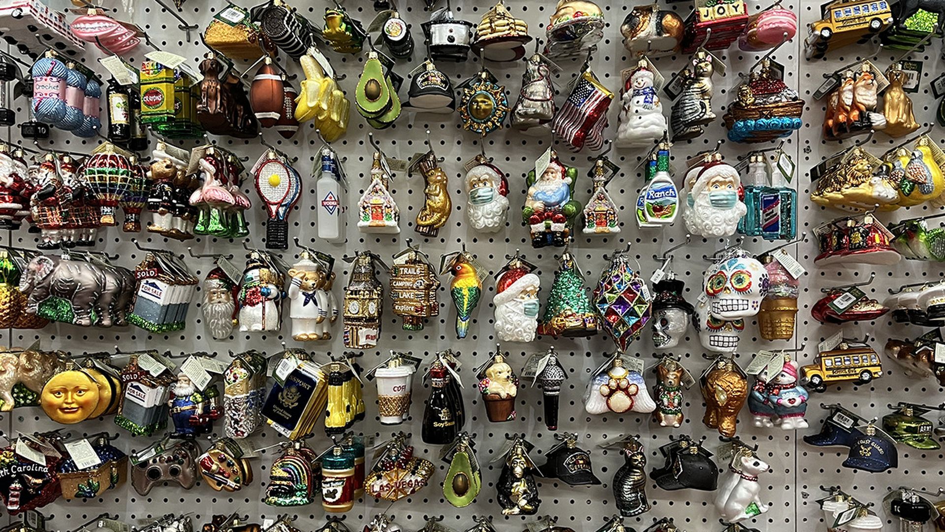 wall of ornaments from the southern christmas show