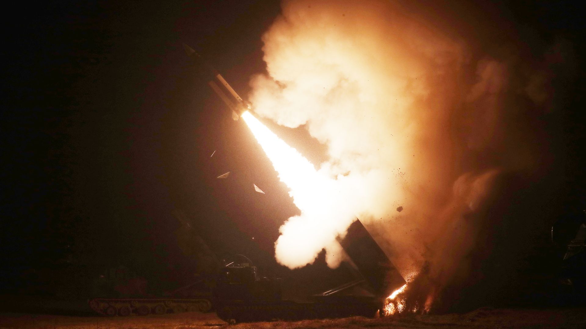 An Army Tactical Missile System (ATACMS) is fired during a joint training between the US and South Korea, on October 05, 2022 at an undisclosed location.