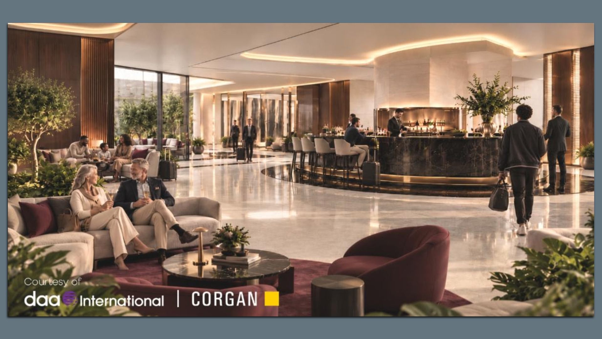 Luxurious hotel lobby with a curved marble bar, warm ambient lighting, and plush seating. Professionals mingle and relax among tall plants and modern décor.