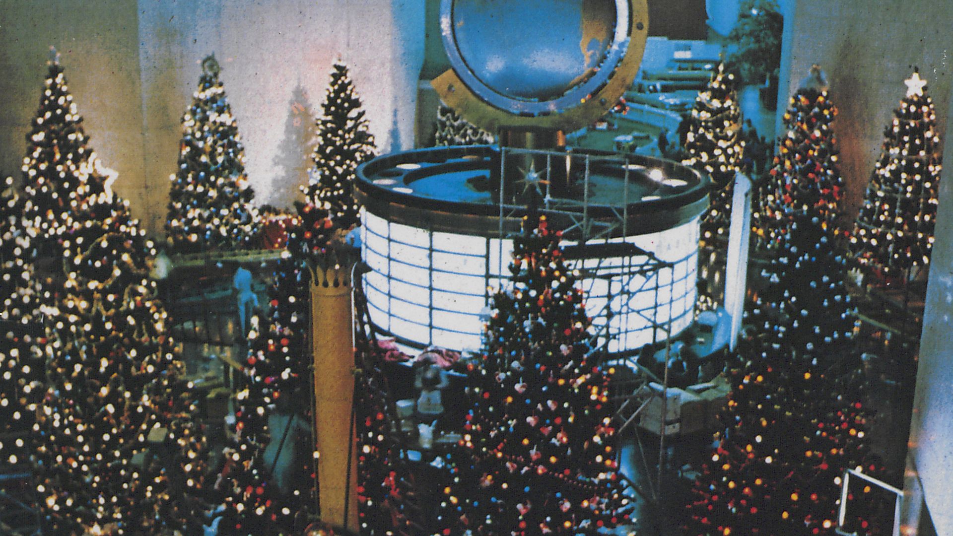 Large room filled with several decorated Christmas trees adorned with lights and ornaments, surrounding a large illuminated circular structure in the center.