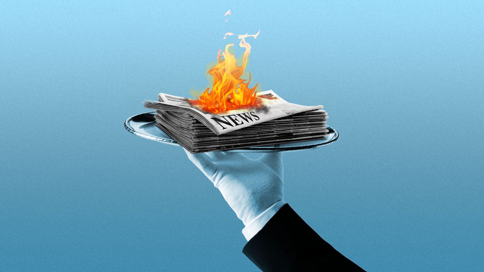 Illustration of a butler holding a silver platter with a newspaper on top that's on fire