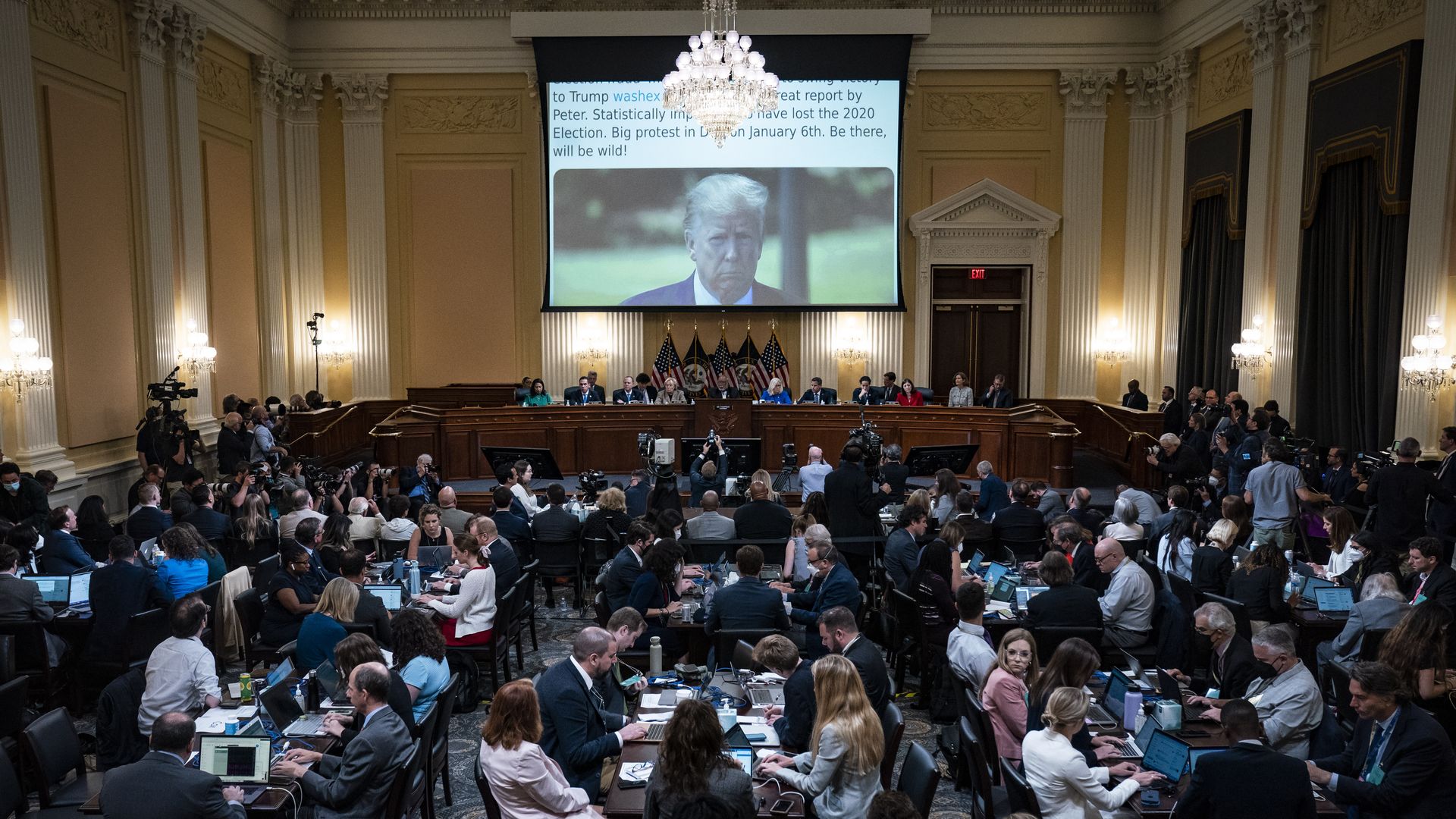 A tweet with former US President Donald Trump displayed on a screen during a hearing of the Select Committee to Investigate the January 6th Attack on the US Capitol.