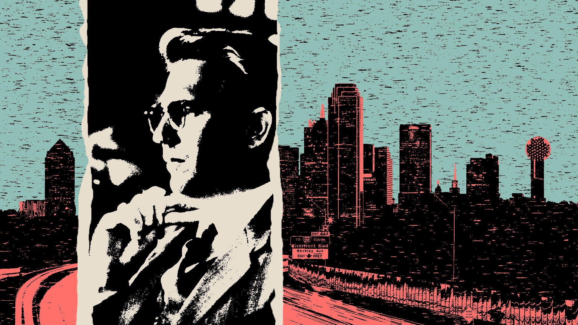 Photo illustration of a collage of Kevin Costner from the movie JFK over the Dallas skyline.