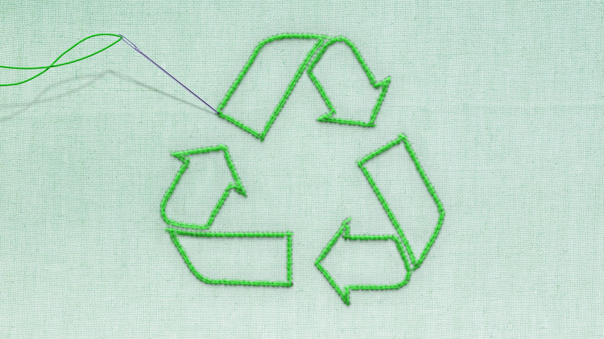 Illustration of a recycling symbol being stitched onto fabric.