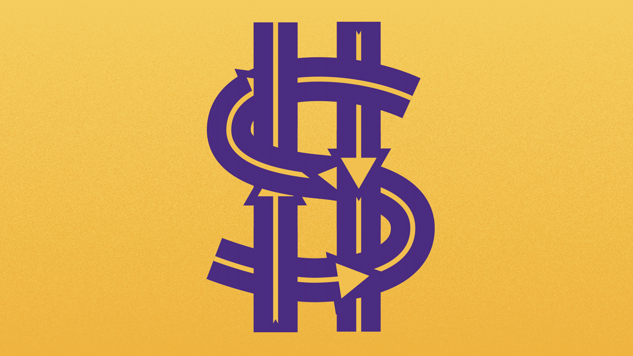 Animated illustration of a dollar sign made out of the arrow design from DART buses.
