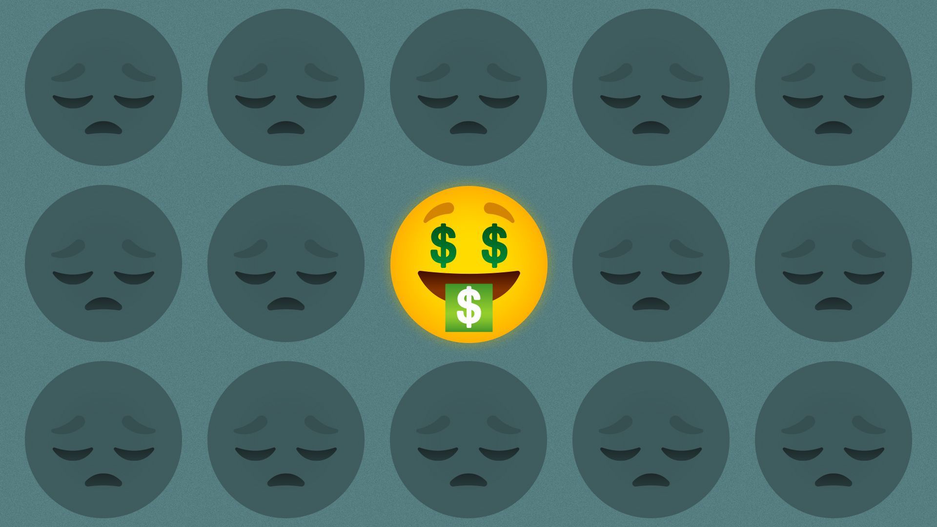 Illustration of a smiling emoji with dollar signs, surrounded by sad emoji.