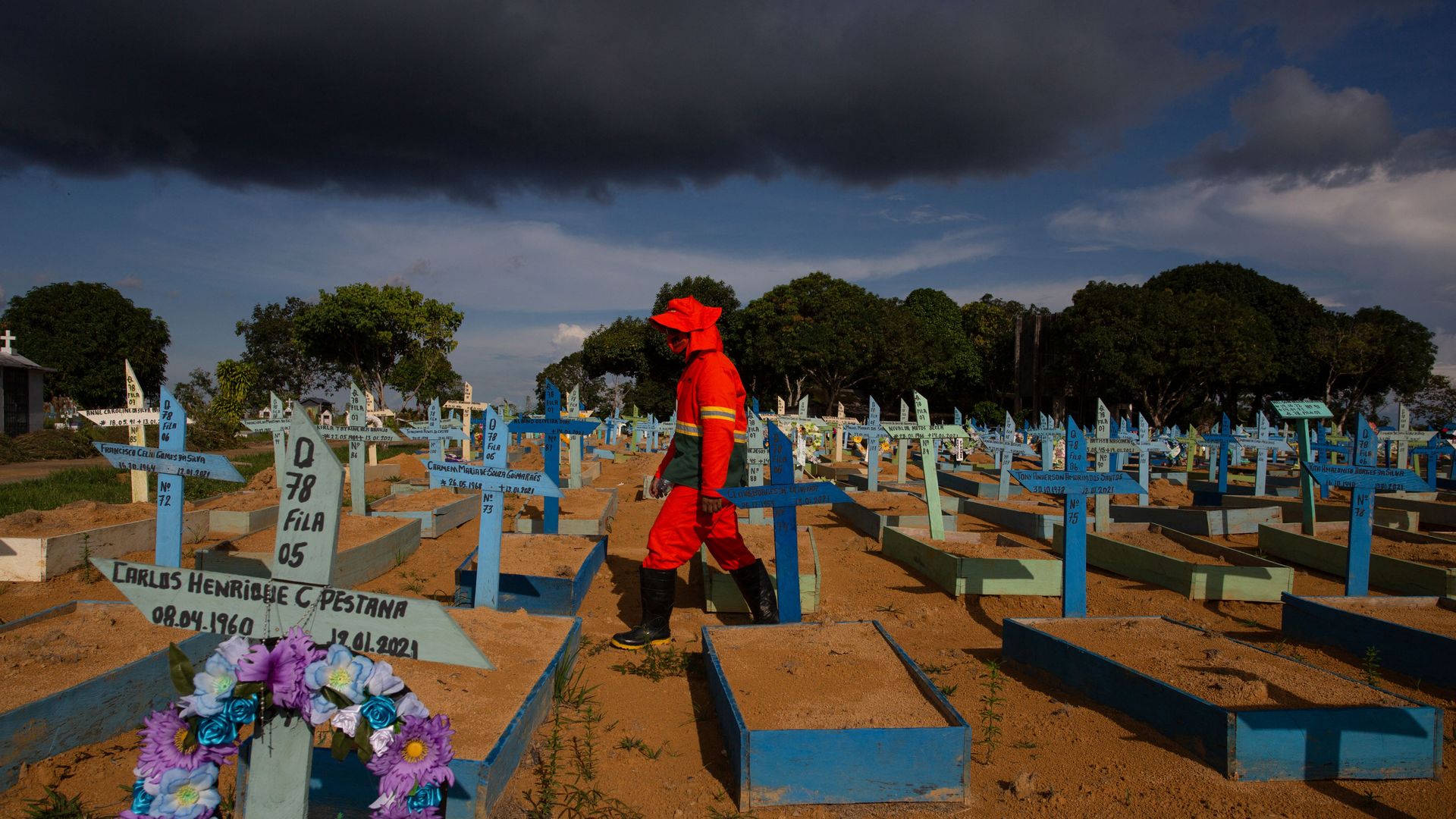 A gravedigger walks among graves of COVID-19 victims in Brazil.