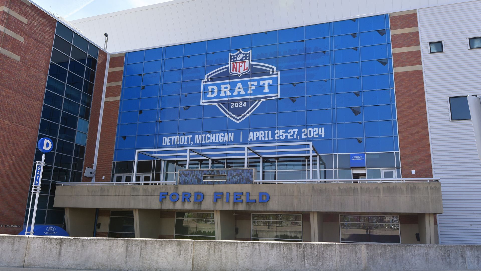 The exterior of Detroit's Ford Field, decorated to celebrate the NFL Draft being held there.