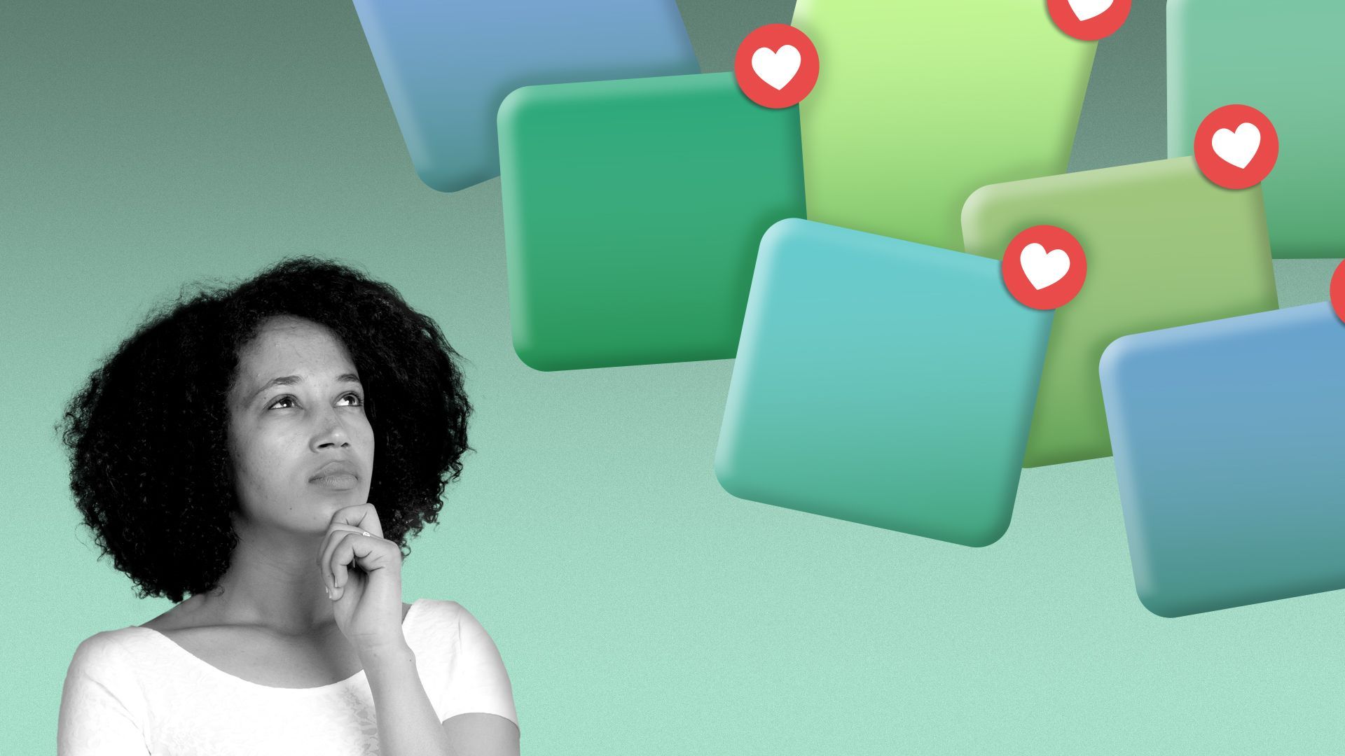 Illustration of a person looking up at generic apps with heart notifications.