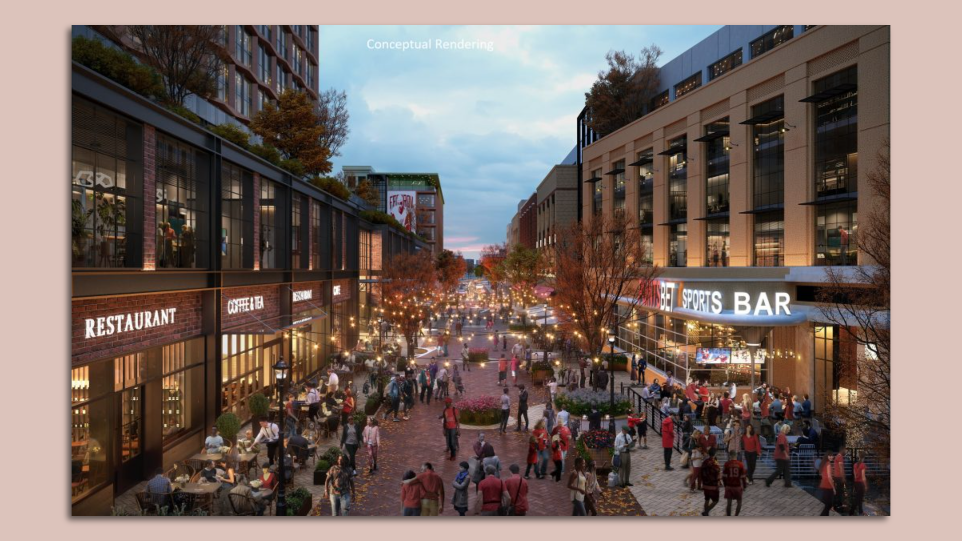 A rendering shows a bustling street with shops in District Detroit.
