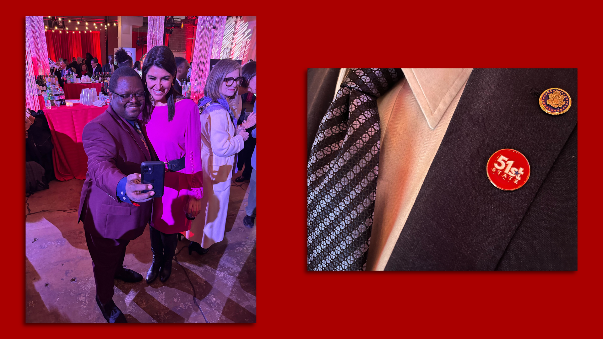 Photo collage: Brooke Pinto poses for a selfie, and a close-up of a man's suit lapel with a 51st State pin
