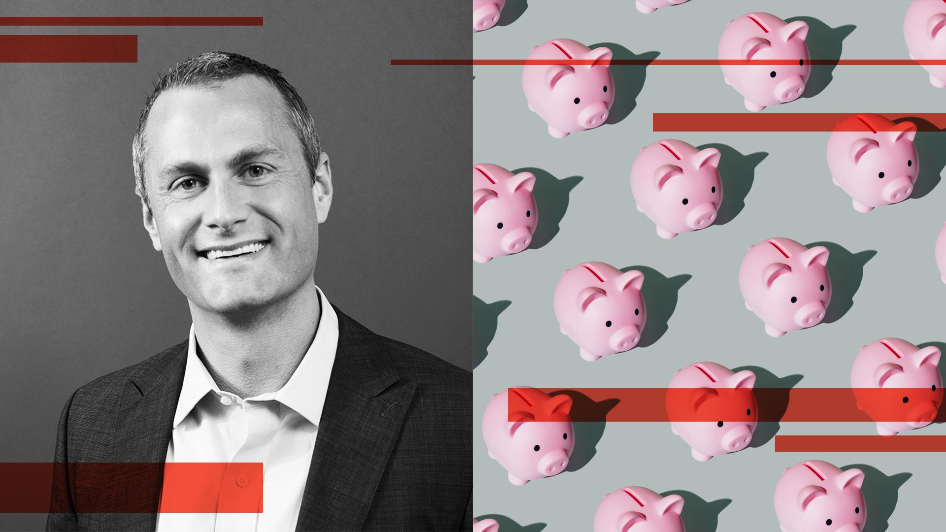 Gabe Krajicek of Kasasa in a photo illustration showing little piggy banks.