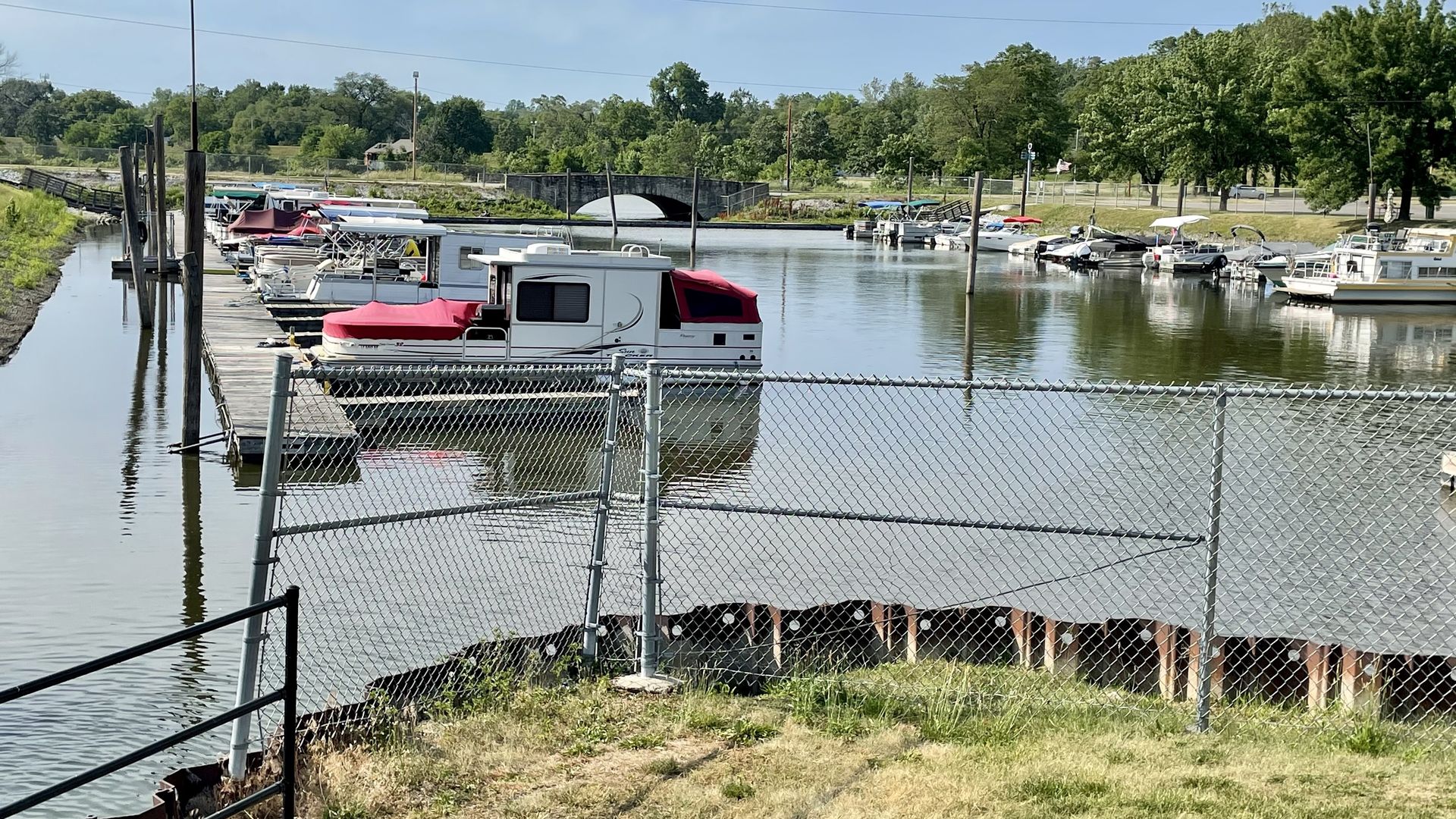 Boats docked at Birdland Marina in Des Moines, Iowa.
