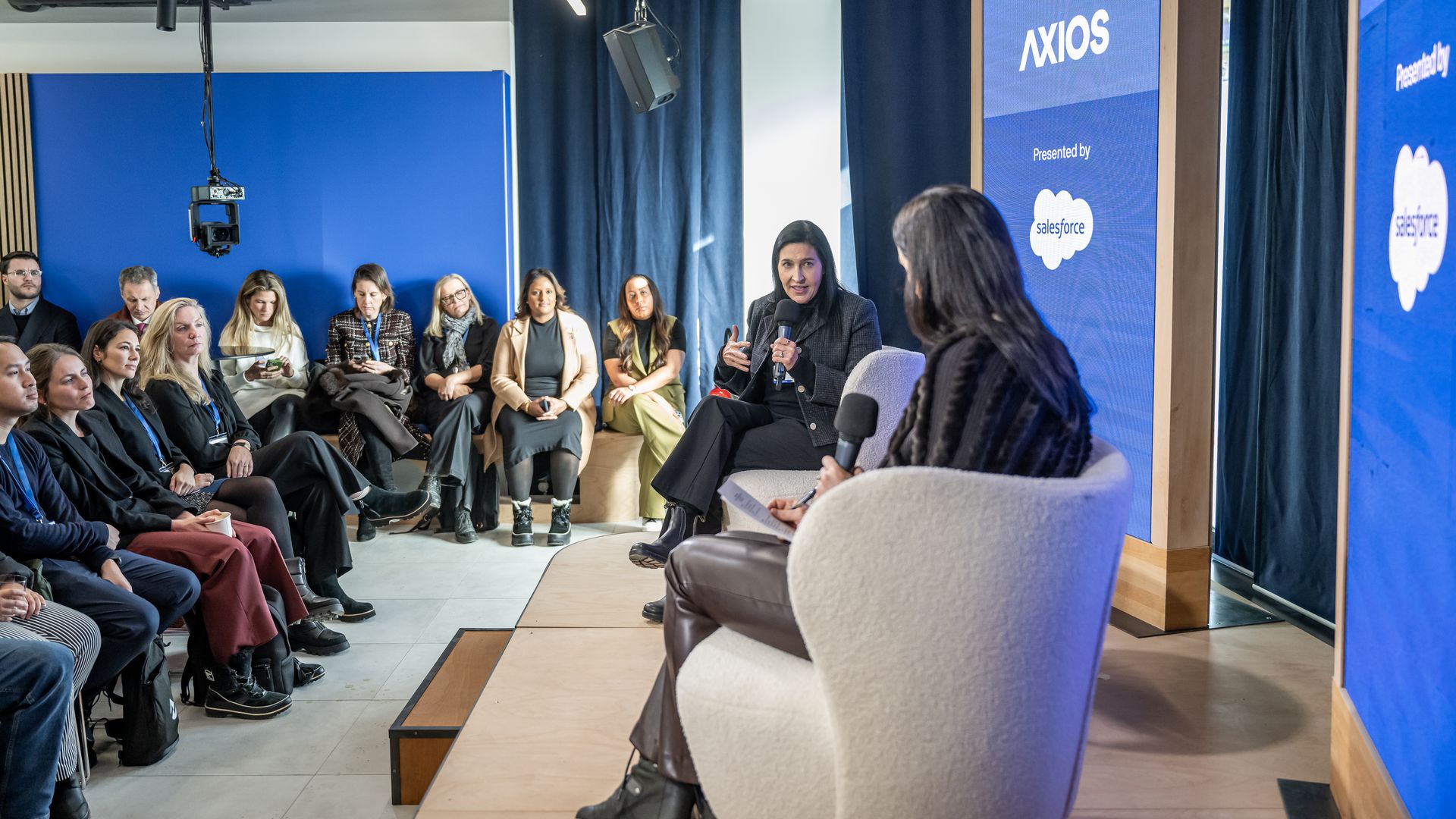 Bea Perez, The Coca-Cola Company's global chief communications, sustainability and strategic partnerships officer speaking with Axios' Eleanor Hawkins in Davos. Credit: Dani Ammann Photography on behalf of Axios