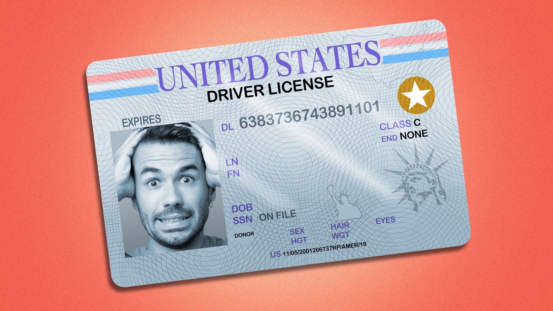 Illustration of a "United States" driver's license with a man looking panicked in the photo