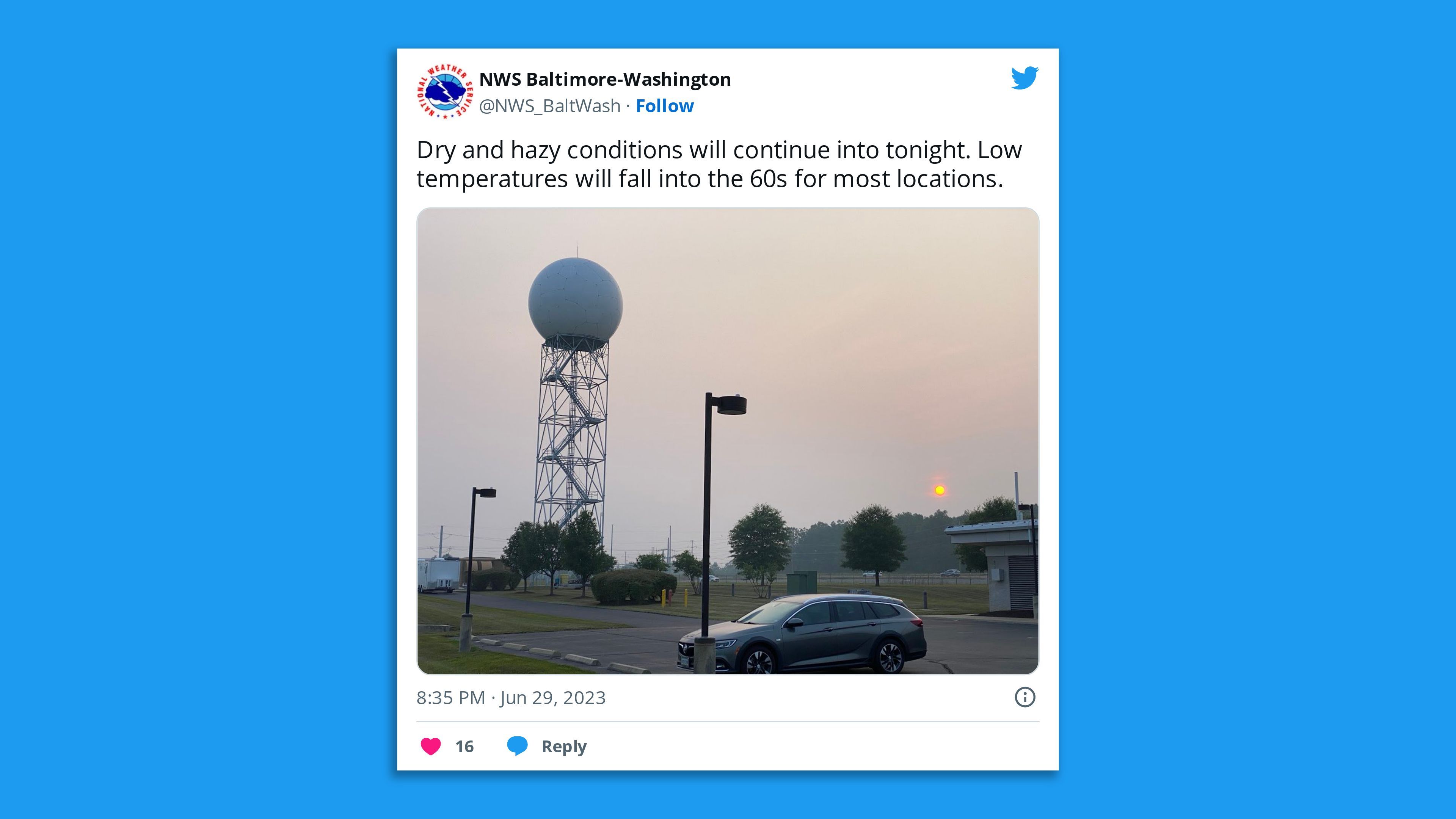 A screenshot of a tweet by NWS Baltimore-Washington saying: "Dry and hazy conditions will continue into tonight. Low temperatures will fall into the 60s for most locations."