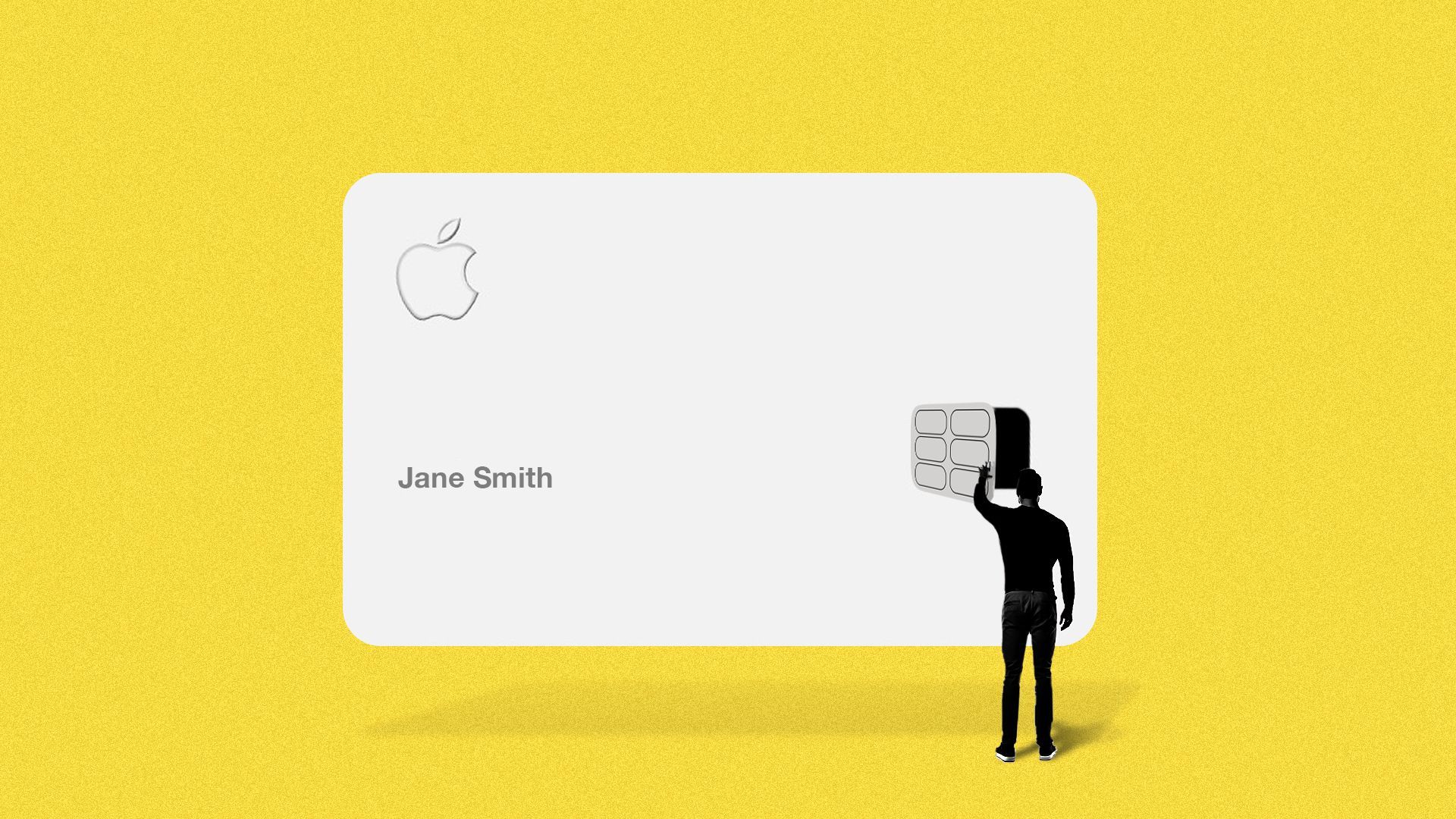 Illustration of a figure looking into an Apple card by opening it's chip.