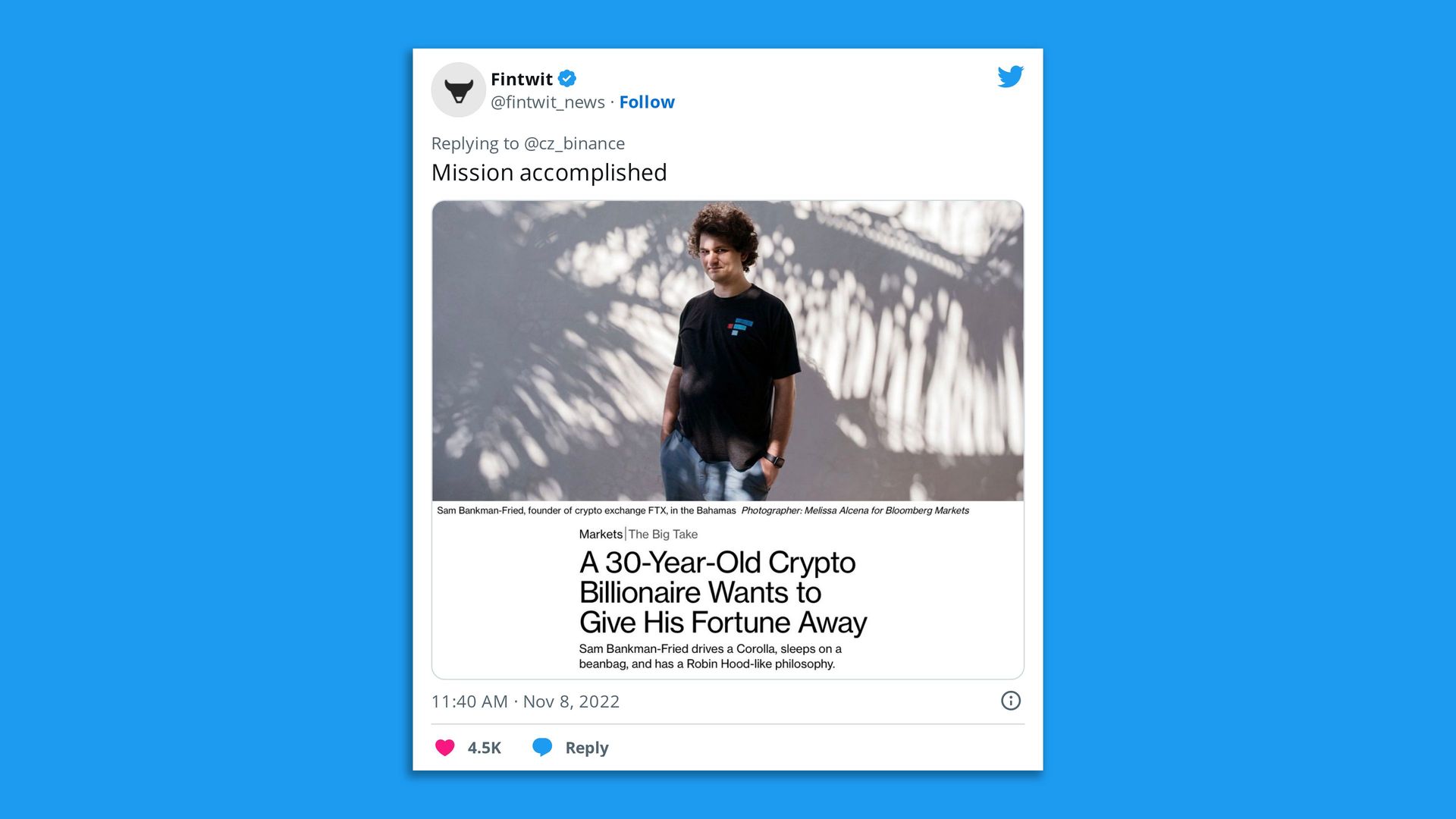 A tweet says "Mission accomplished" over a photo of an article in Bloomberg about Sam Bankman-Fried titled "A 30-year-old crypto billionaire wants to give his fortune away"