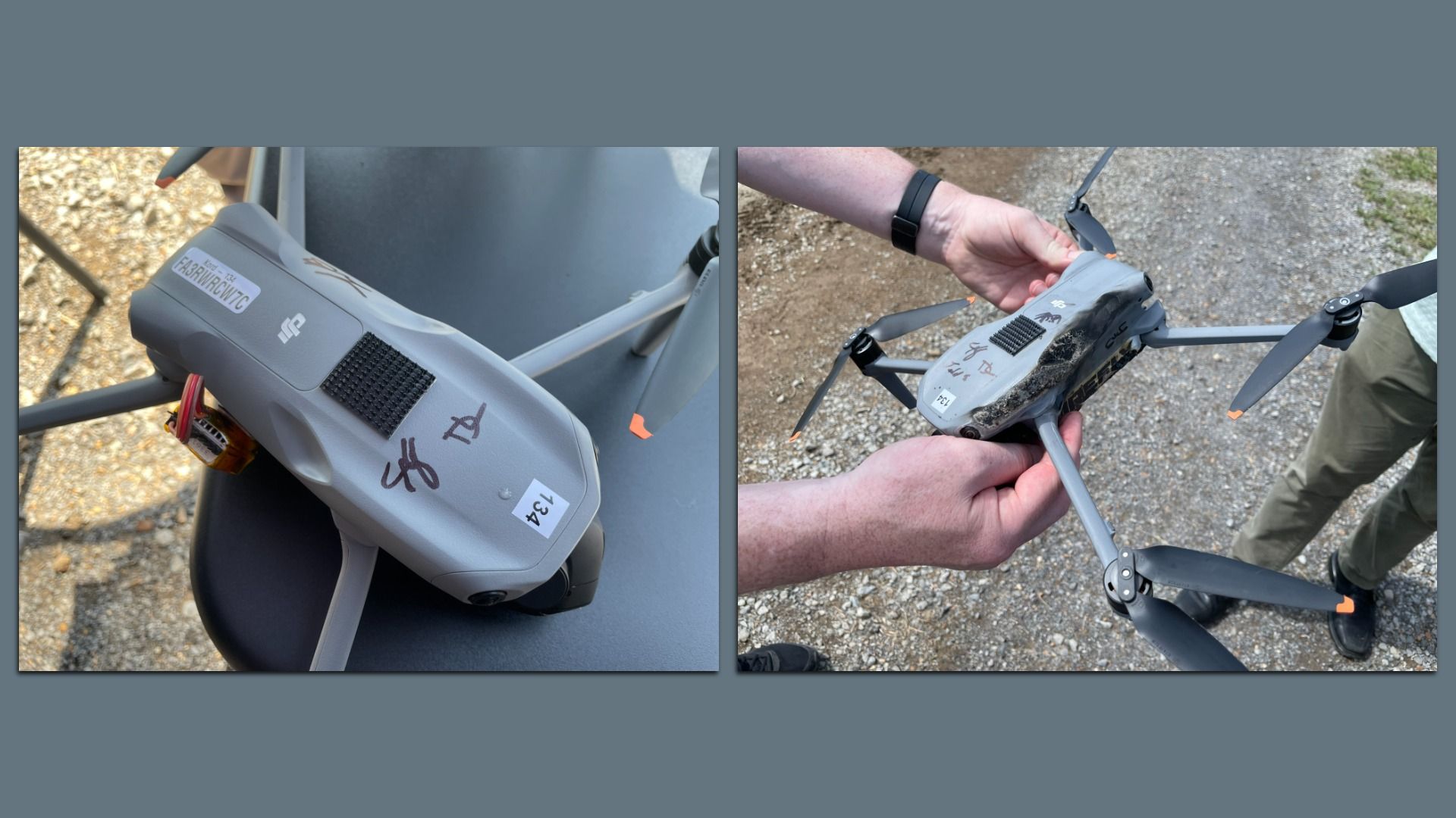 Two-panel image of a gray quadcopter with orange-tipped propellers. Left shows the drone’s body with a Velcro strap on a gravel surface; right shows hands holding the drone outdoors.