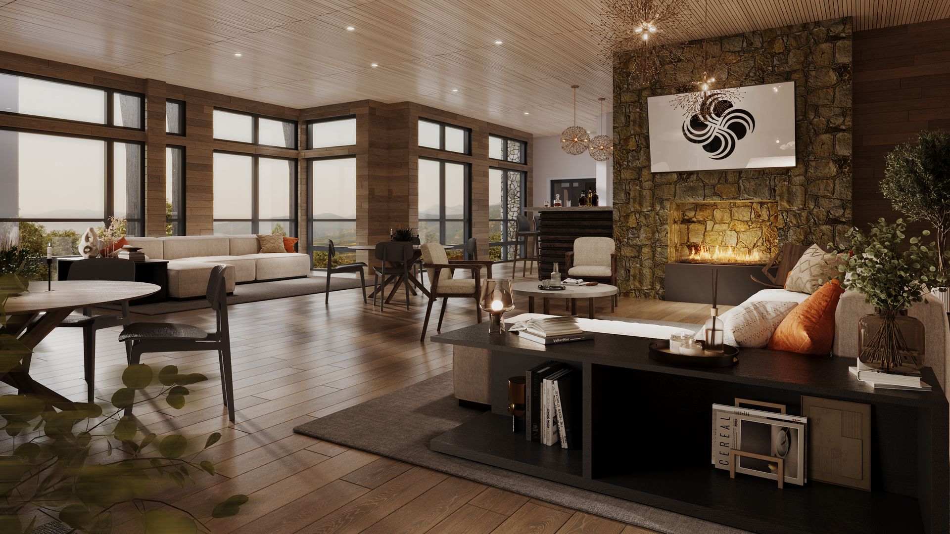The lounge at Serenité, a private luxury vacation home club in the Poconos.