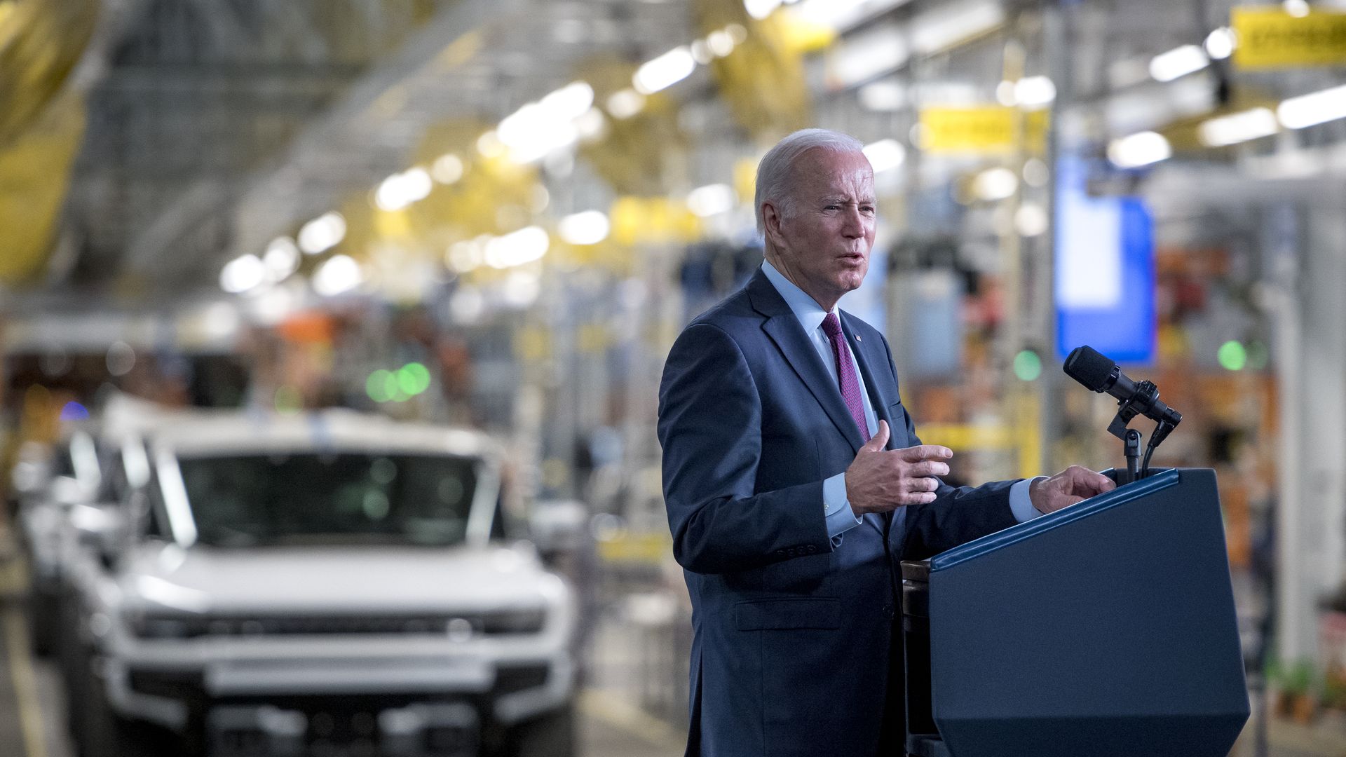 President Joe Biden speaks at the General Motors Factory ZERO electric vehicle assembly plant on November 17, 2021 in Detroit, Michigan.