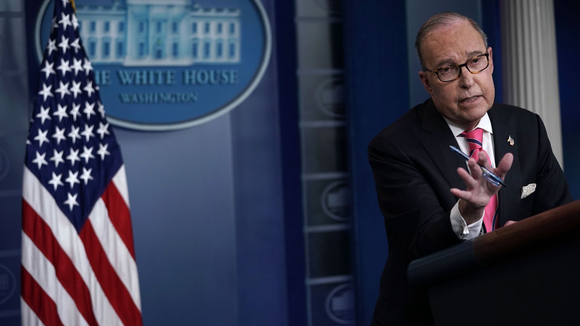 Larry Kudlow speaking in the White House briefing room