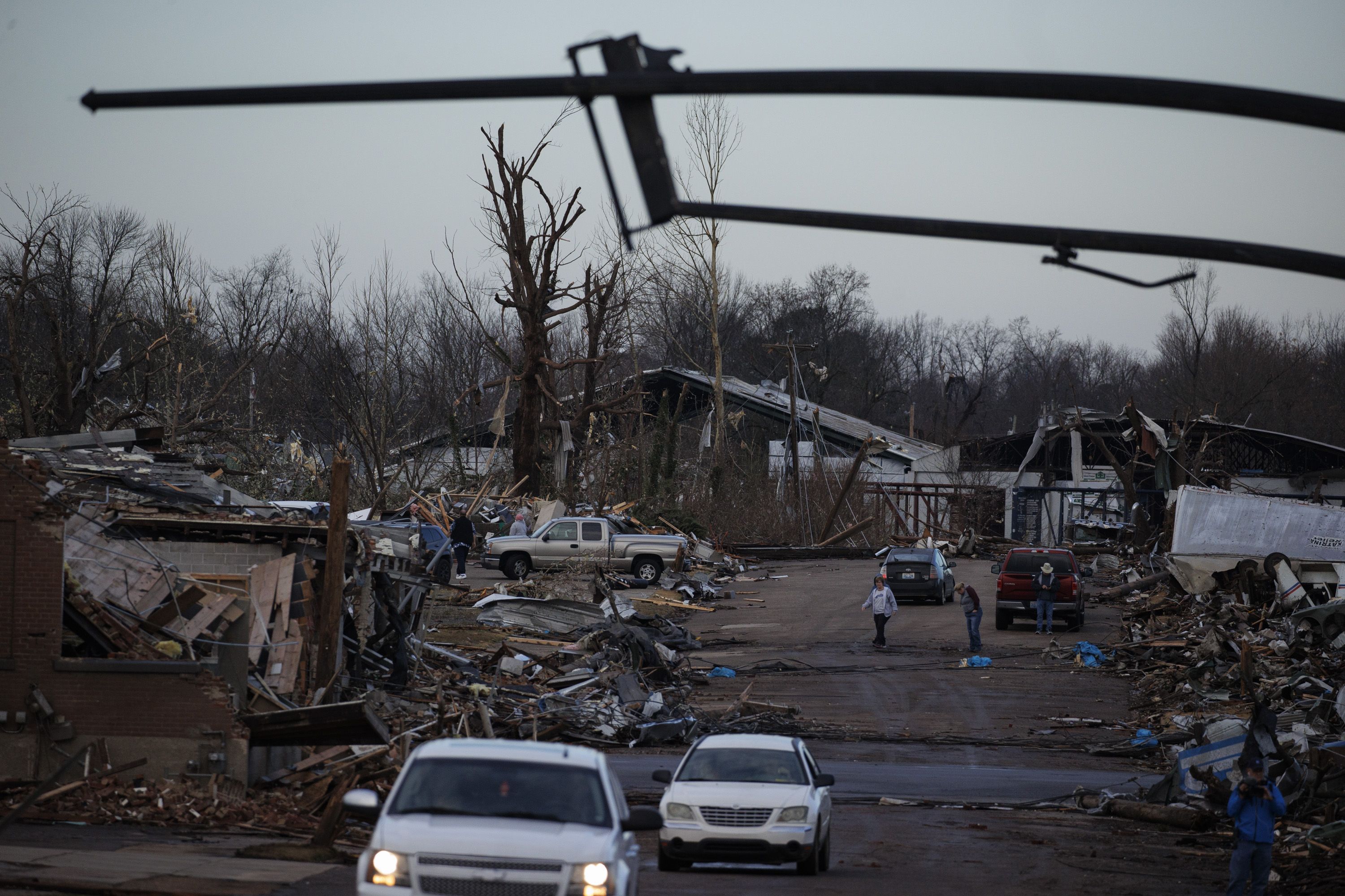 Heavy damage is seen downtown after a tornado swept through the area on December 11, 2021 in Mayfield, Kentucky. 