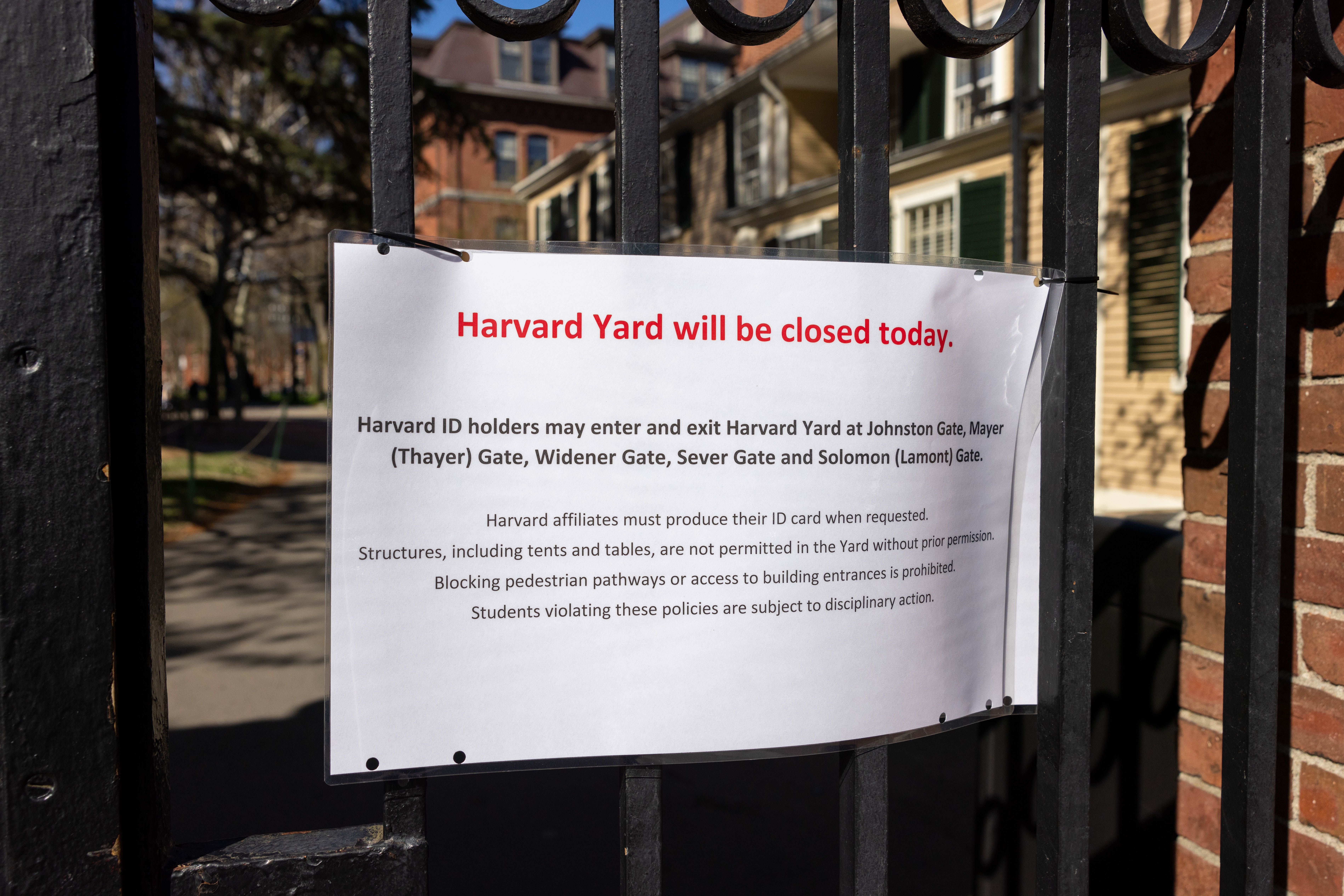 CAMBRIDGE, MASSACHUSETTS - APRIL 22: A sign marking the closure of Harvard Yard to non-Harvard affiliated persons to prevent demonstrations is seen on April 22, 2024 in Cambridge, Massachusetts. The closure comes amid a wave of high-profile pro-Palestine demonstrations at universities across the country including Columbia University and Yale 