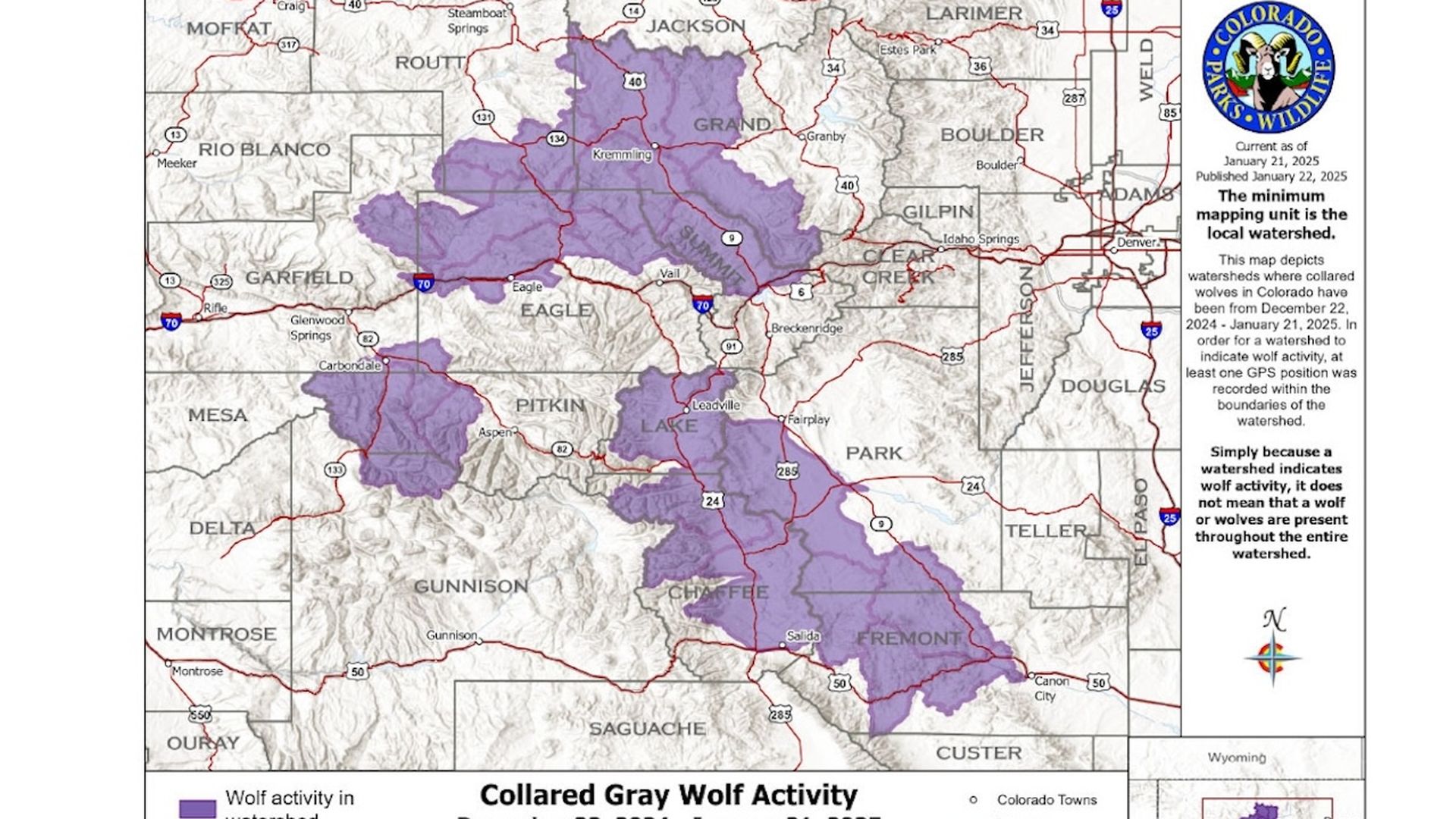 Wolf activity in Colorado by watershed. Image courtesy of the Colorado Department of Parks and Wildlife