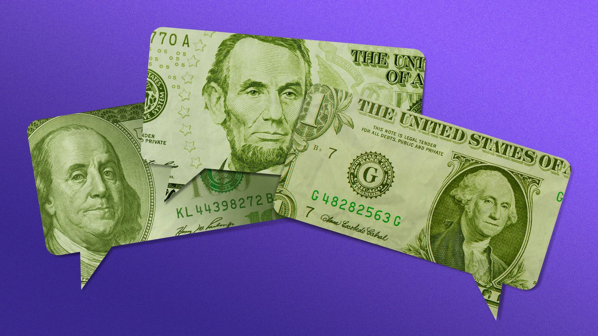 Illustration of dollar bill speech bubbles.
