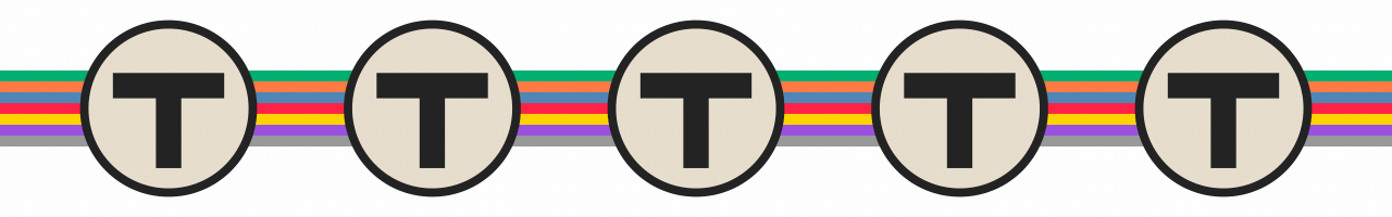 Animated series of MBTA logos that rotate to reveal a C grade, over multicolored stripes.