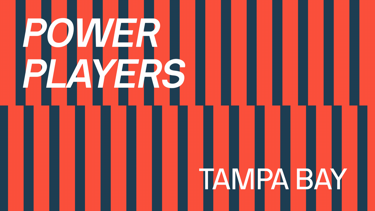 Illustration of two rows of dominos falling with text overlaid that reads Power Players Tampa Bay.