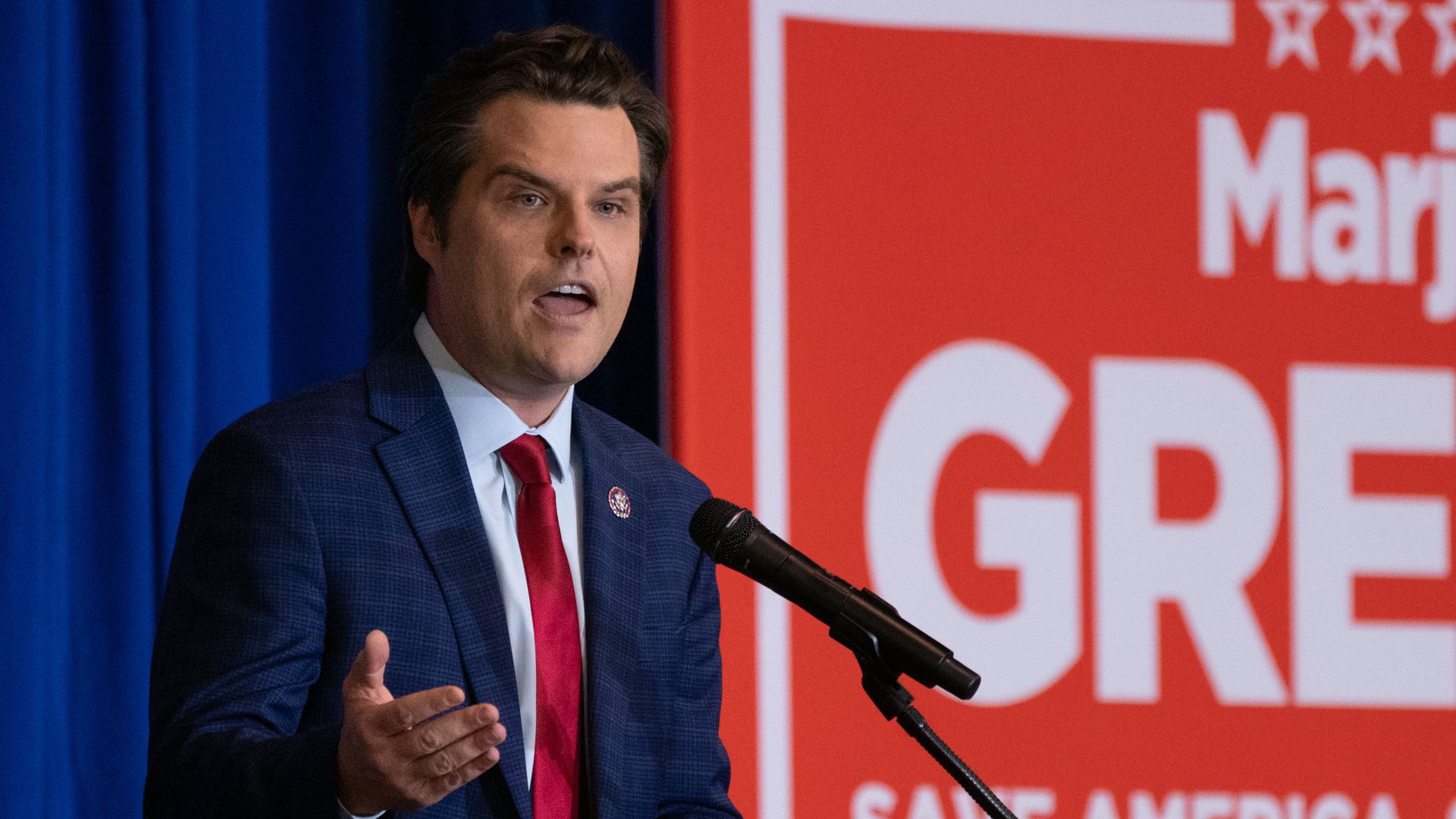 Representative Matt Gaetz, a Republican from Florida, speaks during an America First rally in Dalton, Georgia, U.S., on Thursday, May 27