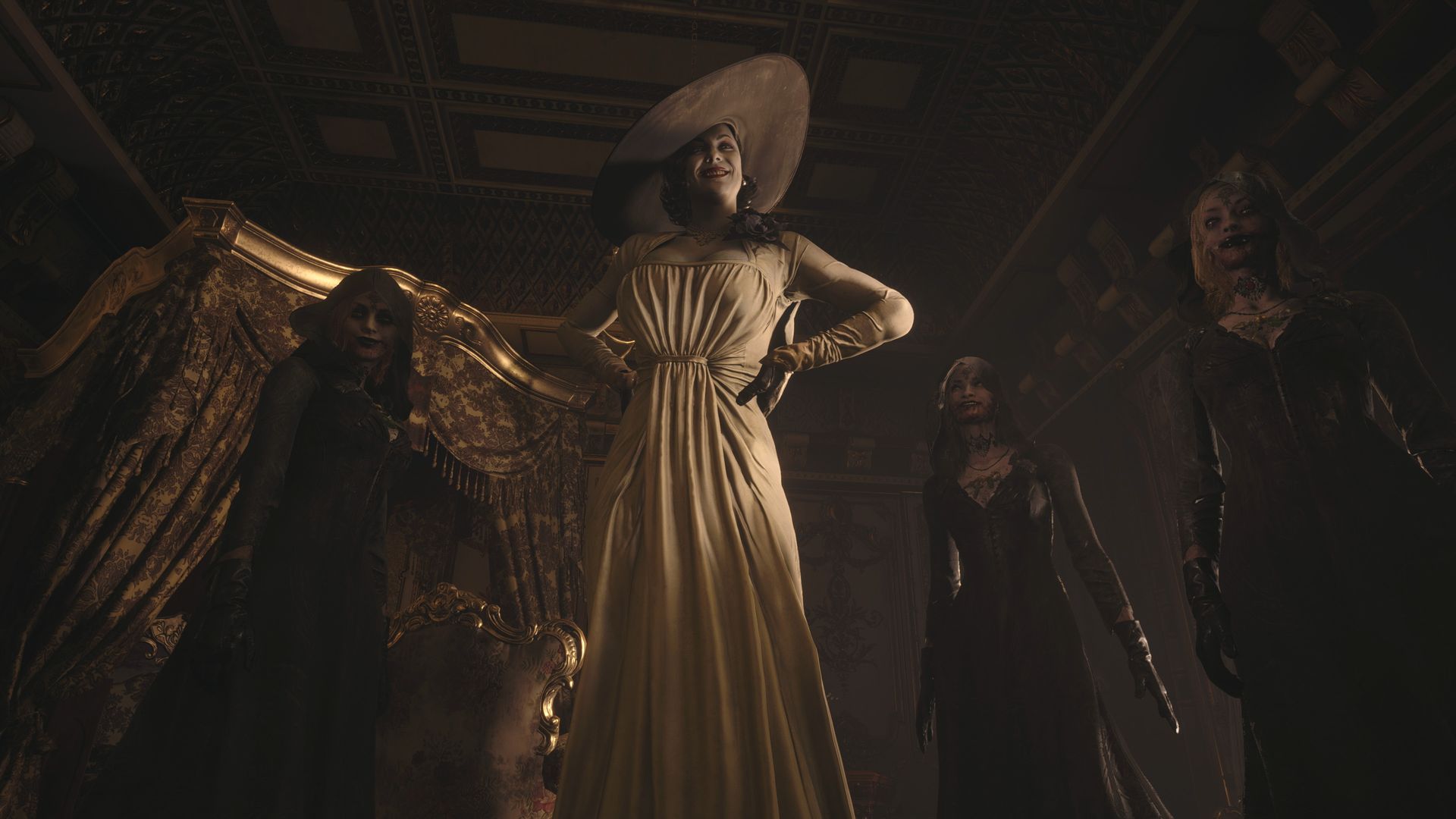 Video game screenshot of a tall woman in a long dress and wide-brimmed hat, looking down at the player. The dim lighting evokes a horror setting.