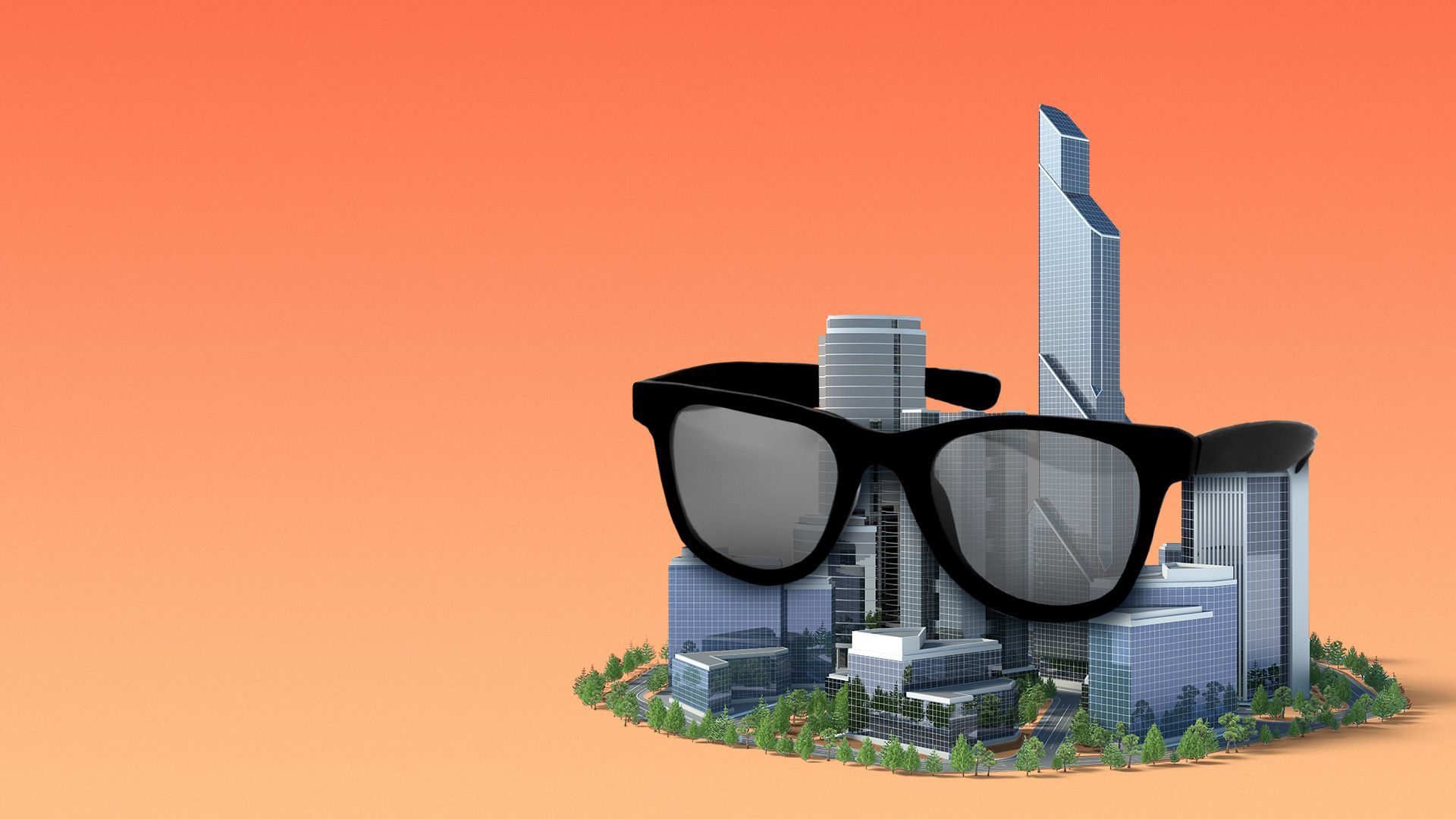 Illustration of a city wearing a pair of Illustration of a city wearing a pair of sunglasses.