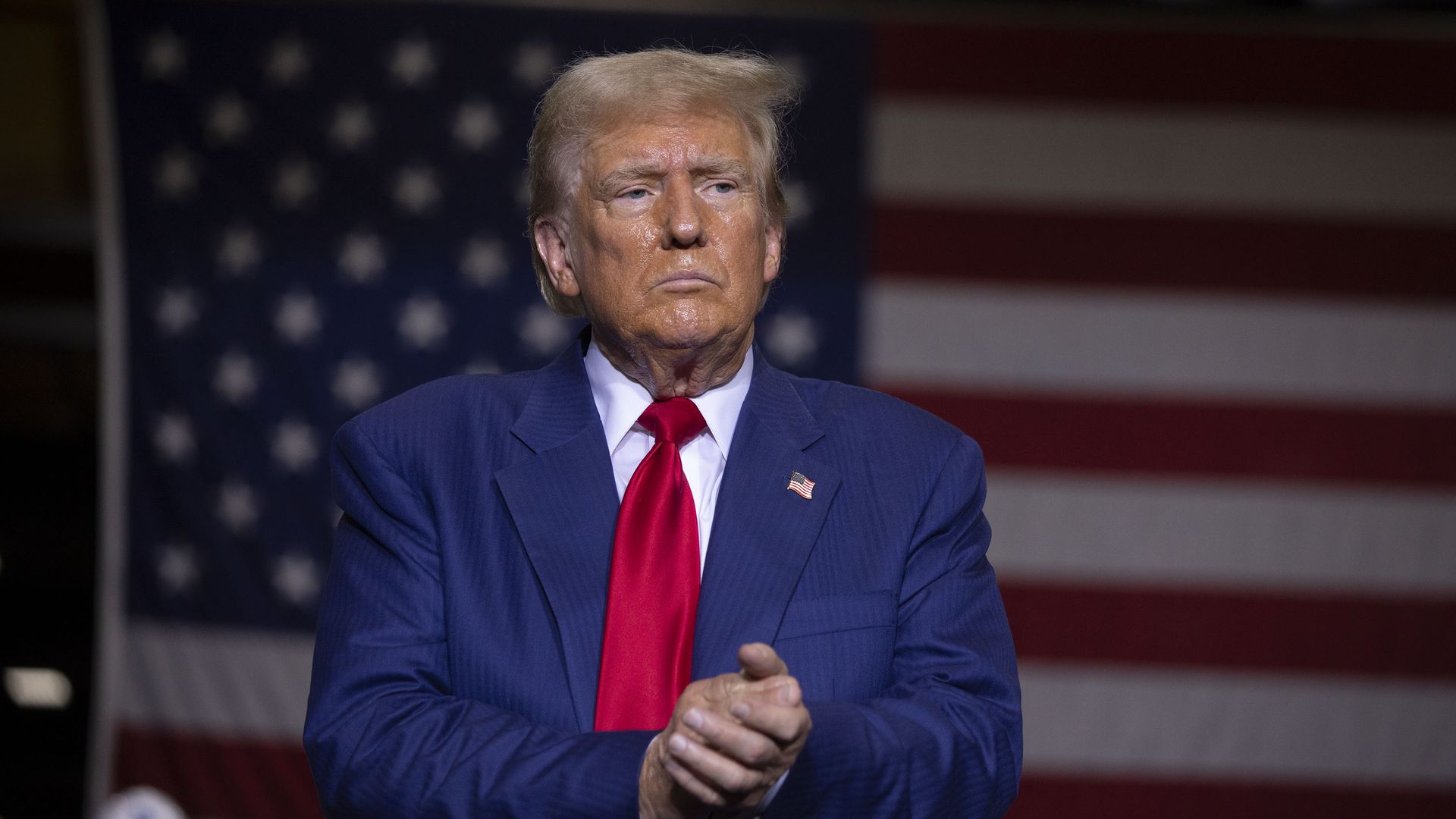 Donald Trump speaks about the economy, inflation, and manufacturing during a campaign event at Alro Steel on August 29, 2024 in Potterville, Michigan.