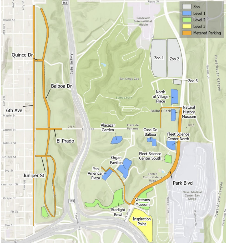 A map of Balboa Park with roads identified for parking meters and lots broken into three tiers for paid rates based on proximity to the central mesa