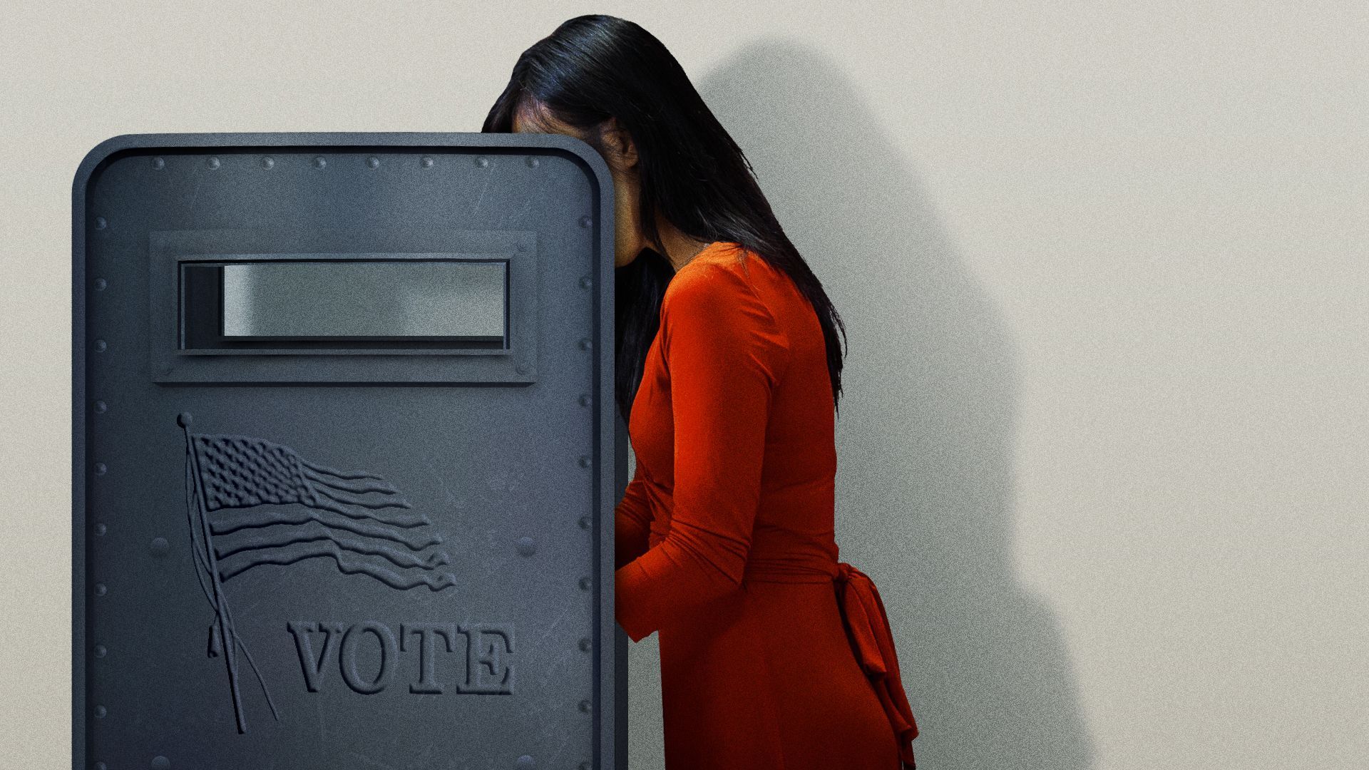 Illustration of a woman voting, but the booth is made from a tactical shield that says "VOTE."