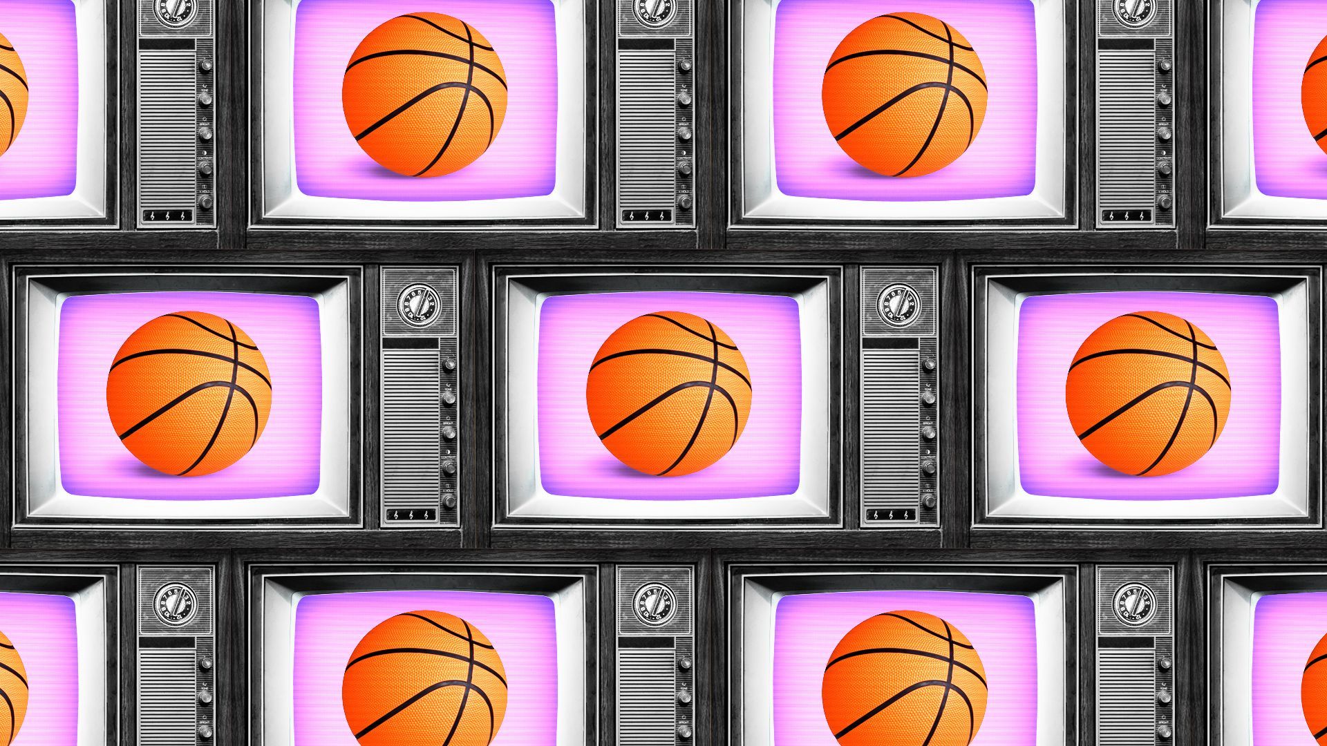 Illustration of a basketball on a wall of repeating television screen.