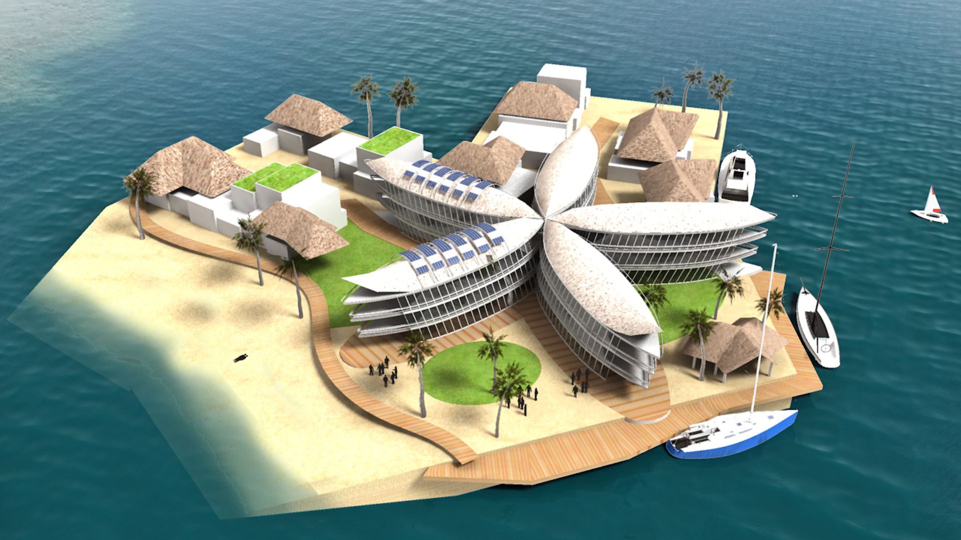 Rendering of a floating island with buildings 