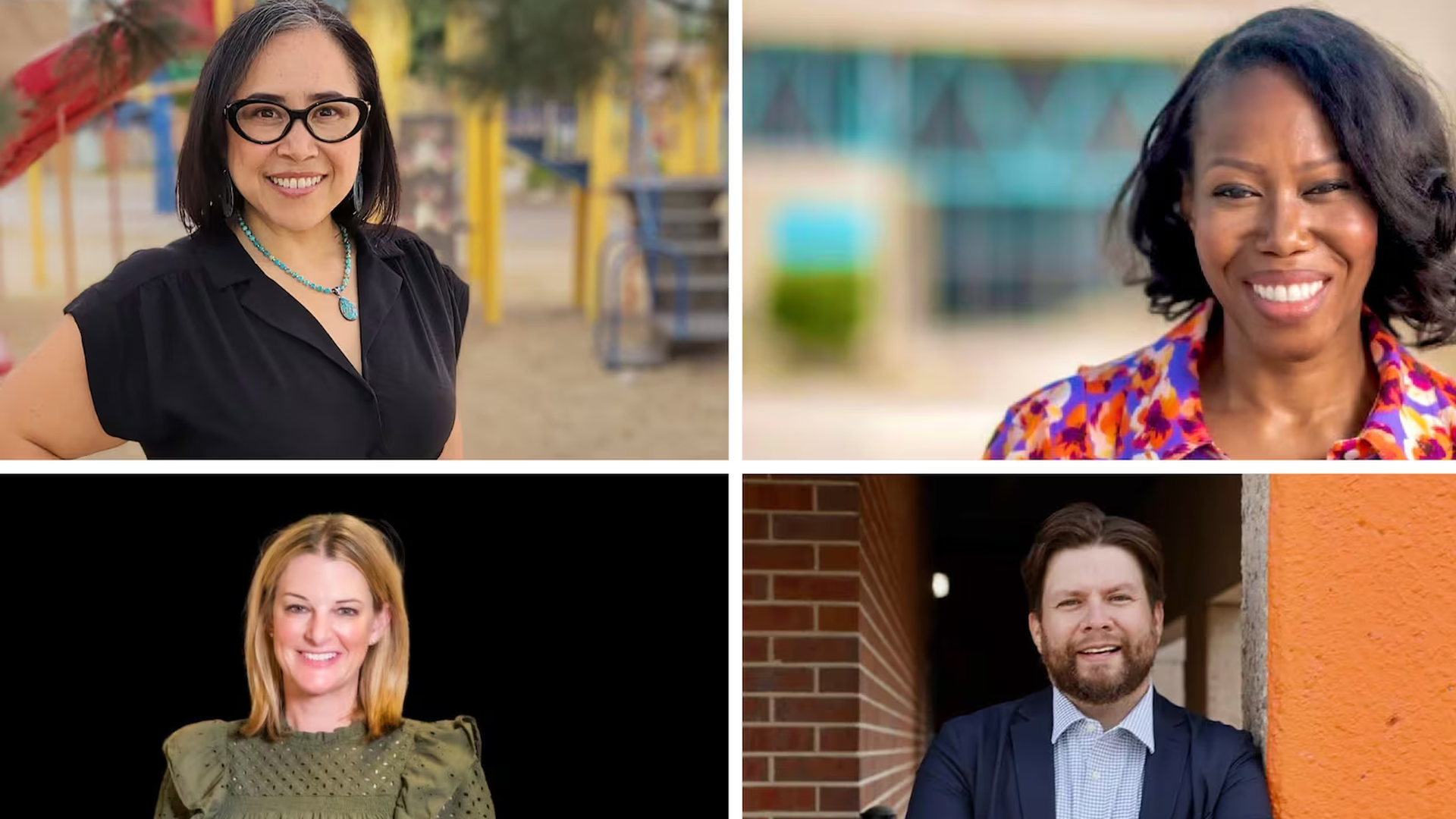 Clockwise from top left: Xóchitl Gaytán, Monica Hunter, DJ Torres, and Amy Klein Molk won seats on the Denver school board Tuesday. All were endorsed by the teachers union.