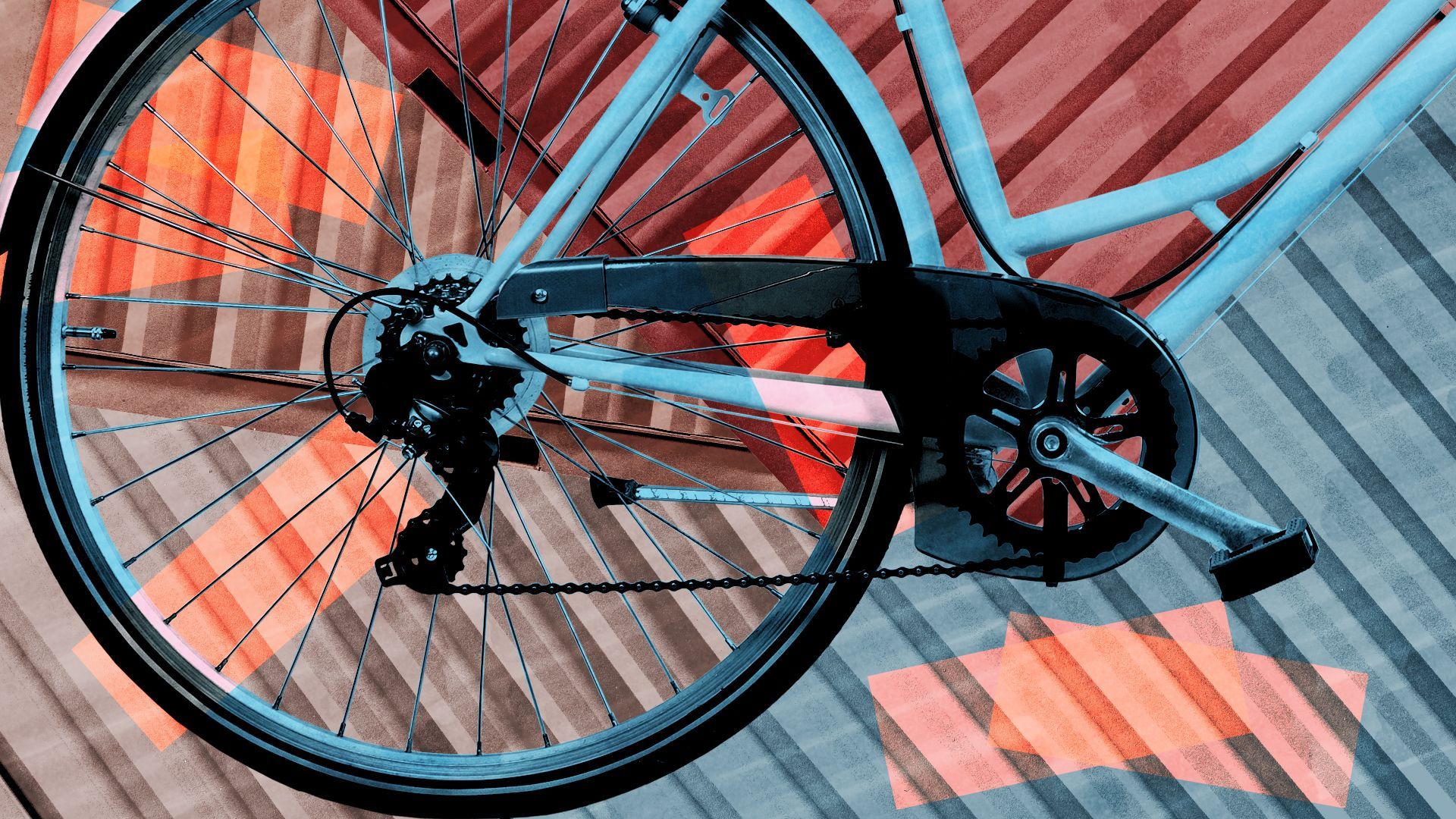 Illustration of a bicycle with shipping containers and various rectangles in the background