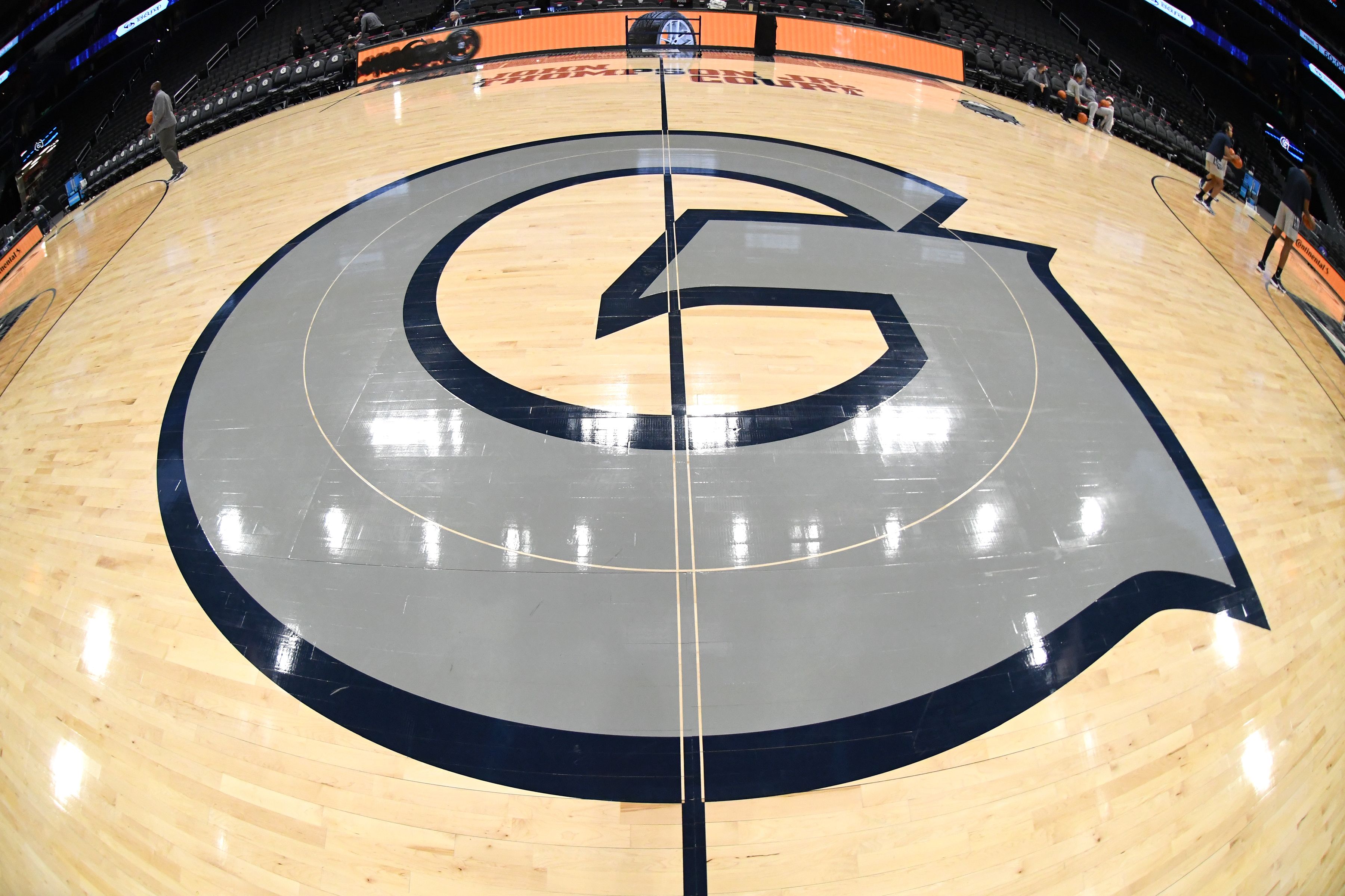 Photo of a big "G" painted on a basketball court