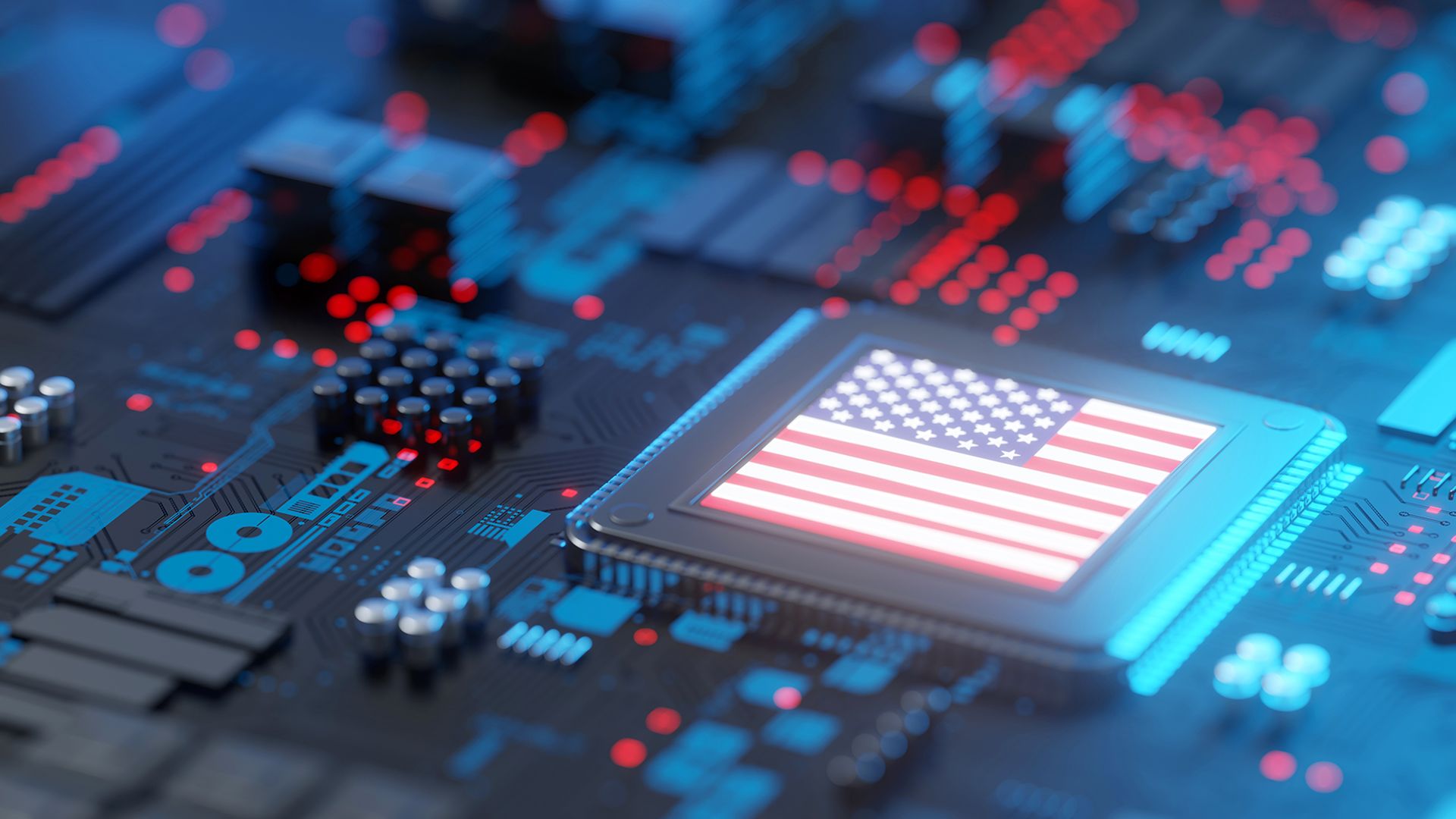 Blue-toned circuit board with red and blue LED lights; a foreground processor chip displays the United States flag, highlighting tech and national identity.