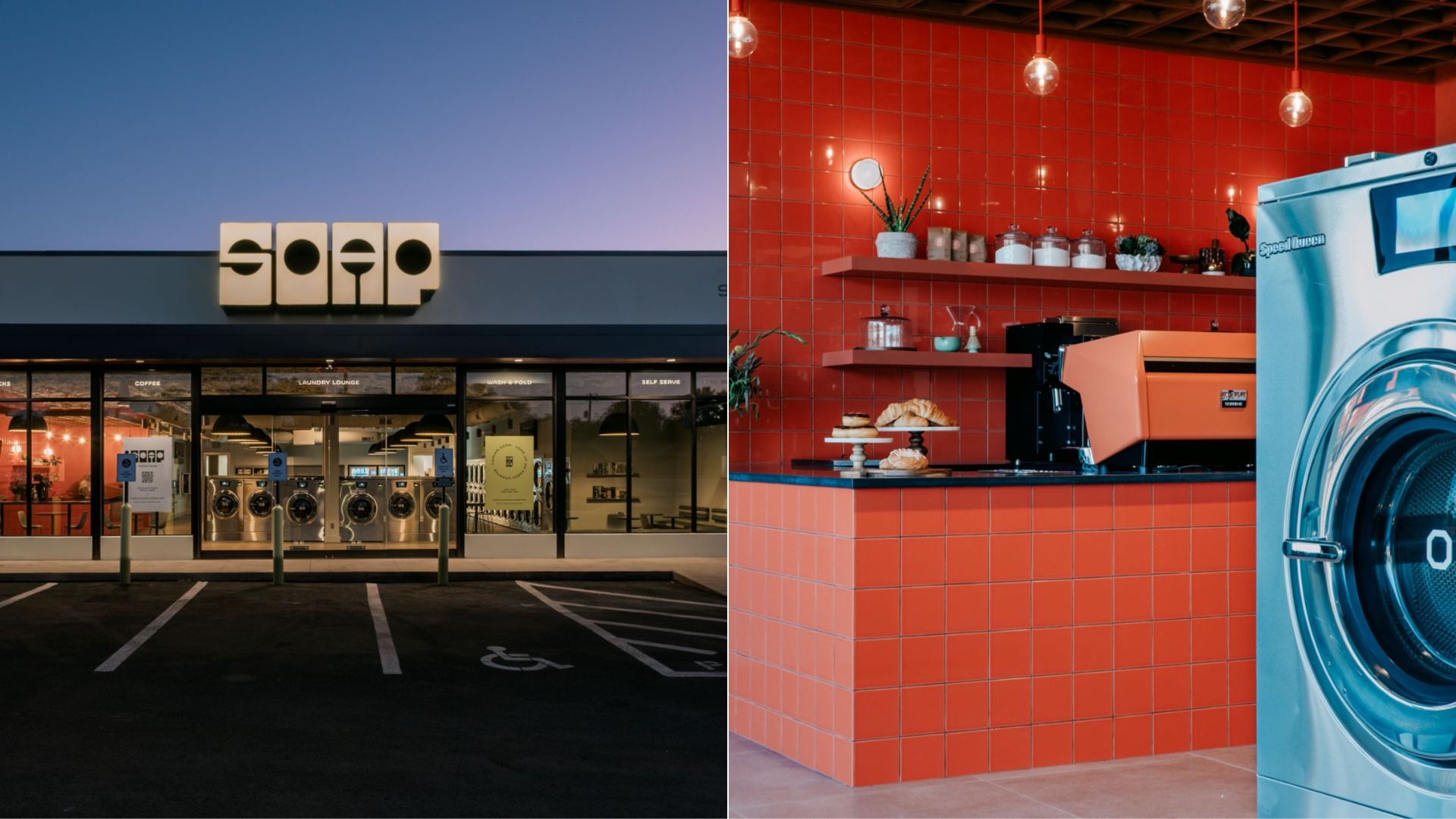 Exterior of a laundromat named SOAP at dusk with washing machines visible inside. Interior shows a bright orange tiled counter, coffee machine, pastries, plants, and stainless steel washer.